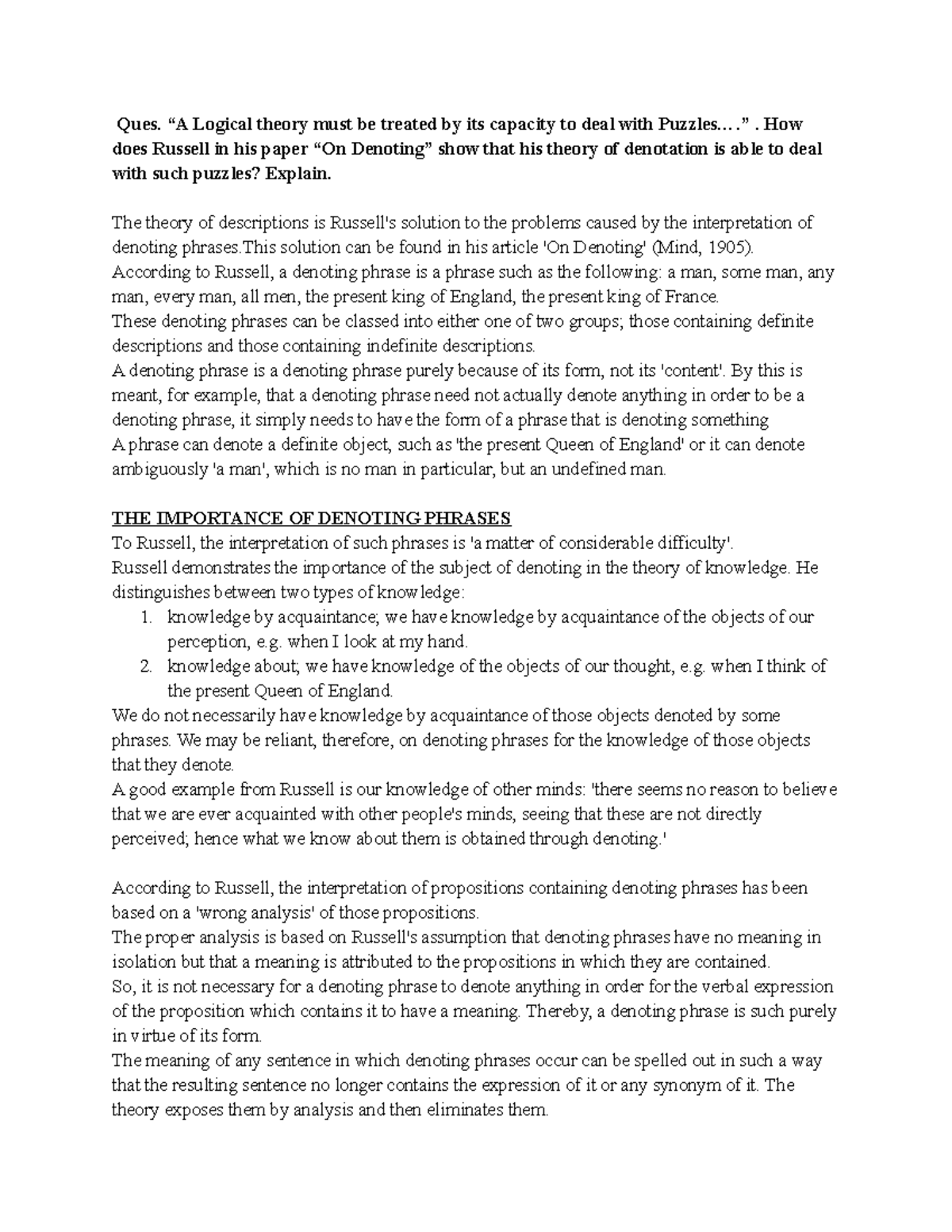 Bertrand russell on denoting summary picture