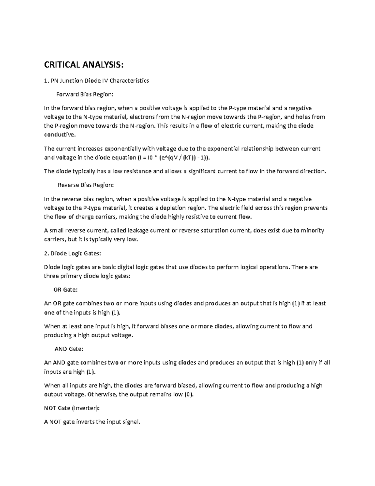 Crictal Analysis eca 2 course CRITICAL ANALYSIS 1. PN Junction