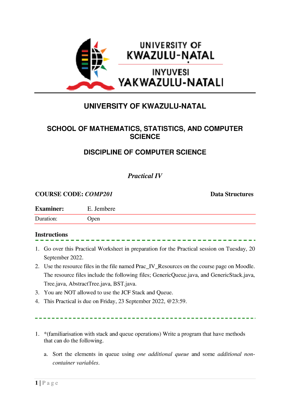 Practical IV - prac 4 - 1 | P a g e UNIVERSITY OF KWAZULU-NATAL SCHOOL ...