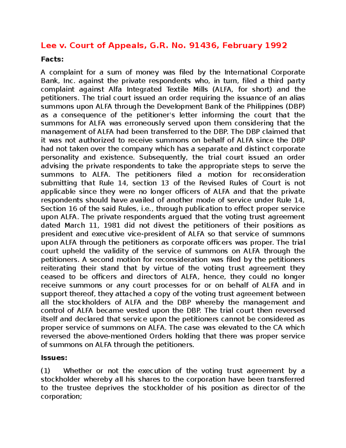 Cases - Title V and VI - HUHU - Lee v. Court of Appeals, G. No. 91436 ...