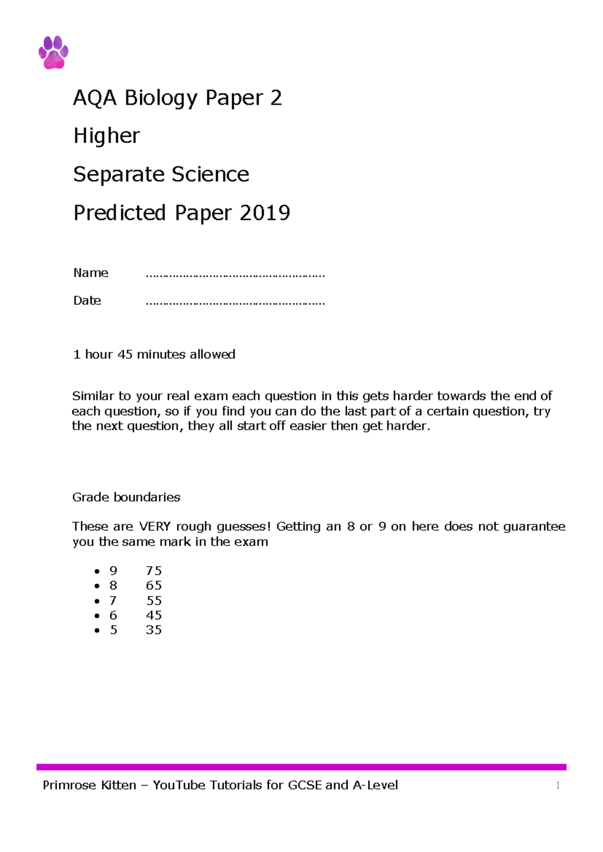 AQA Separate Science Biology Paper 2 Predicted Paper 2019 Final - AQA ...