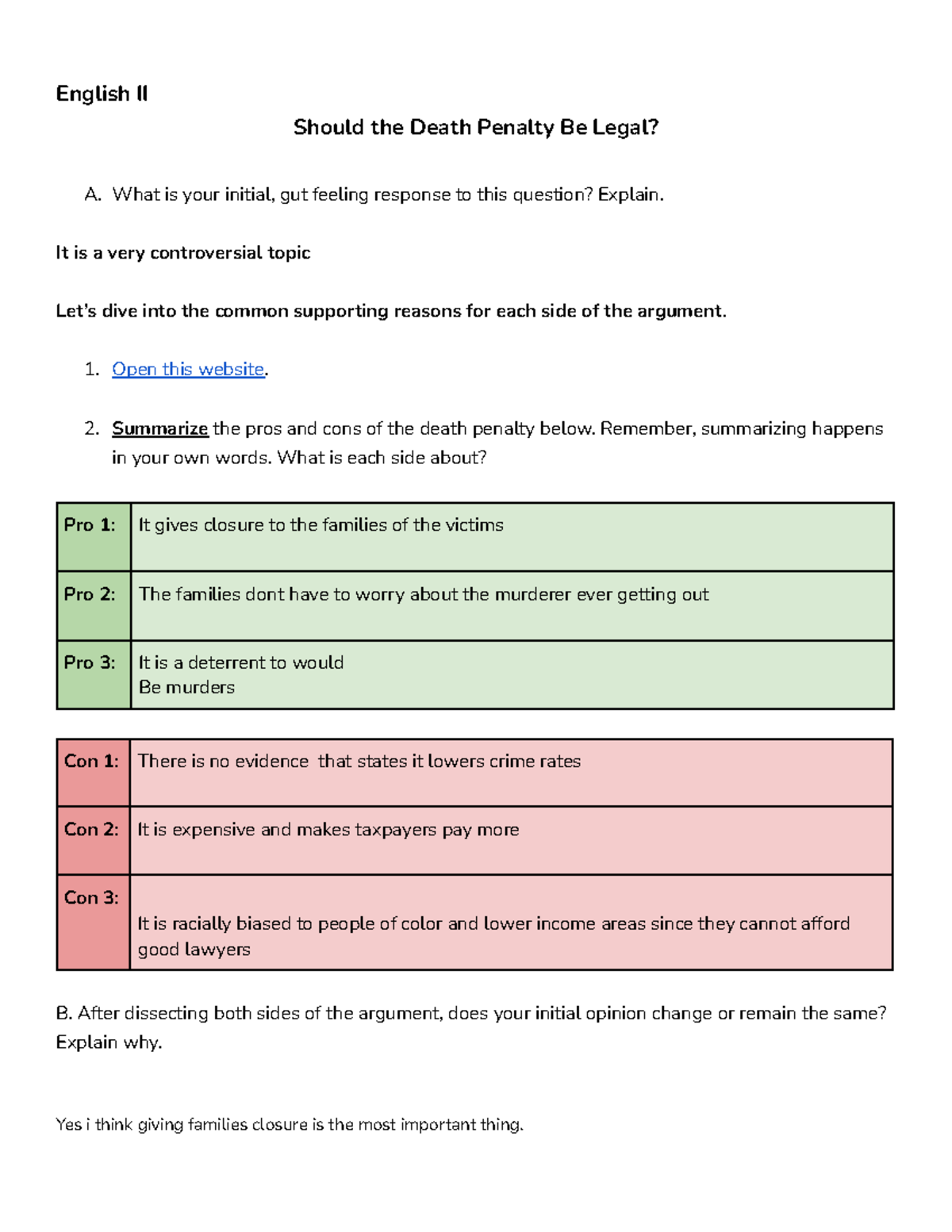 Copy of Pros and Cons Death Penalty - English II Should the Death ...