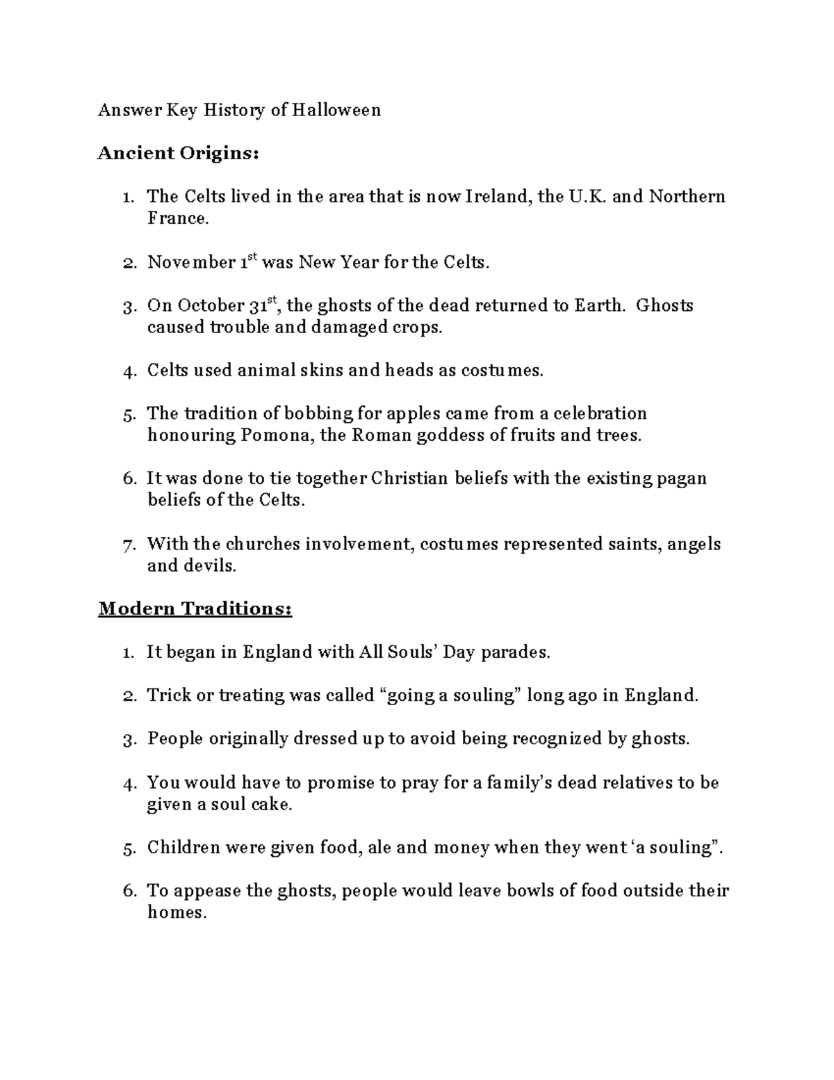 Answer key history of halloween Answer Key History of Halloween