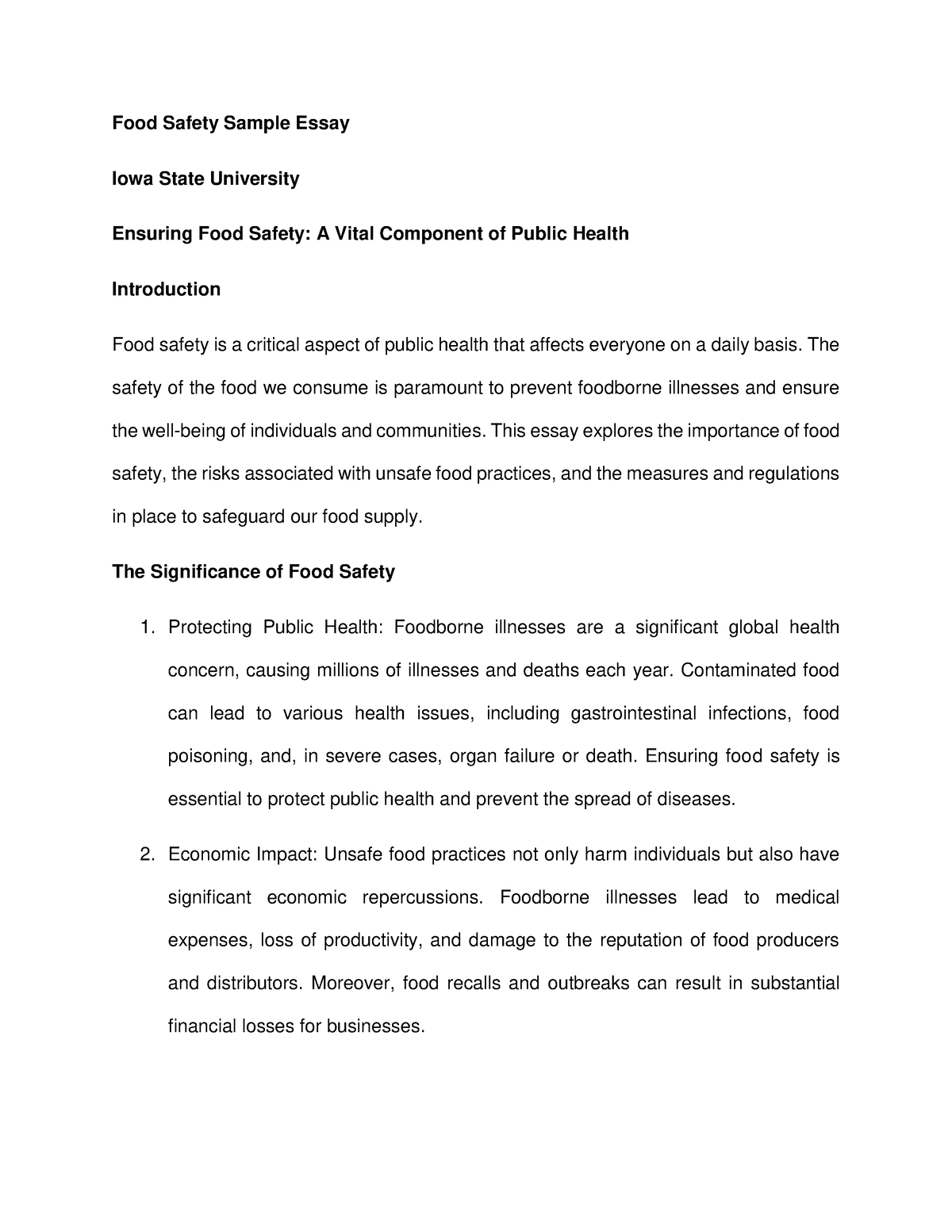 what does food safety mean essay