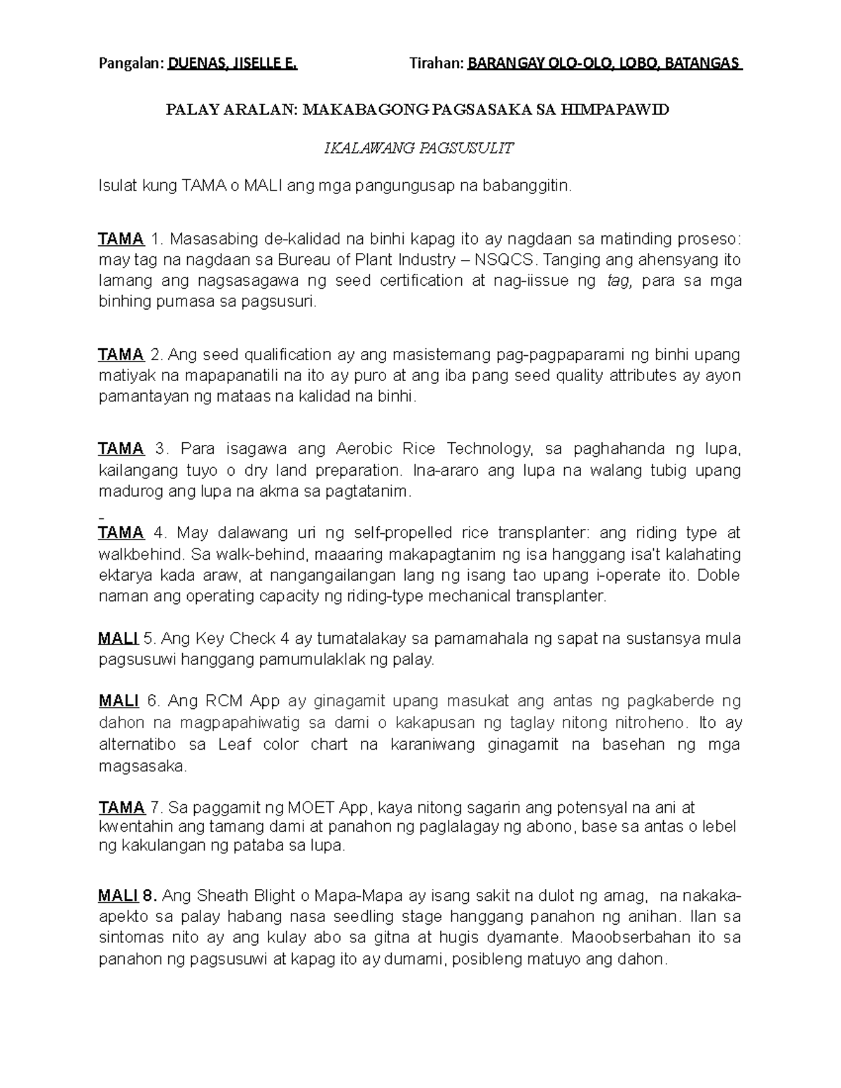 SOASRA Short Quiz No. 2 Duenas, Jiselle E Pangalan DUENAS, JISELLE