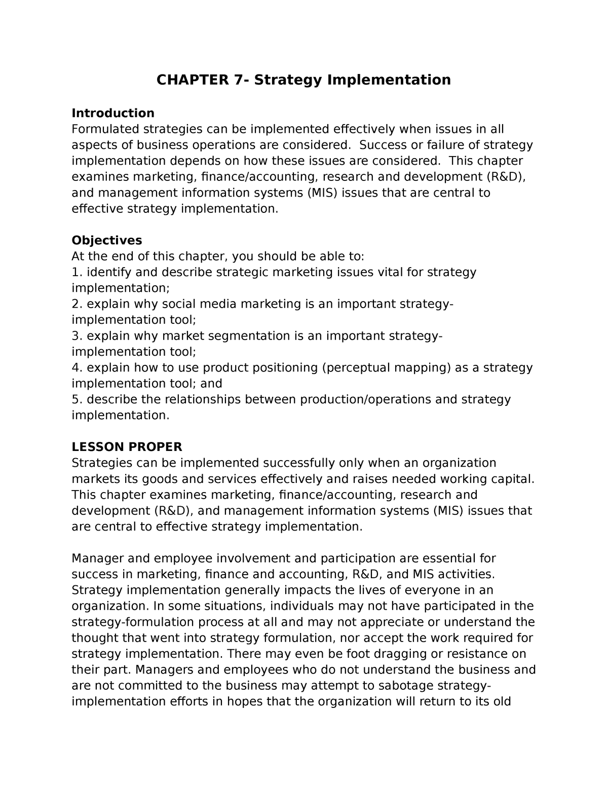 Chapter-7 - Notes - CHAPTER 7- Strategy Implementation Introduction ...