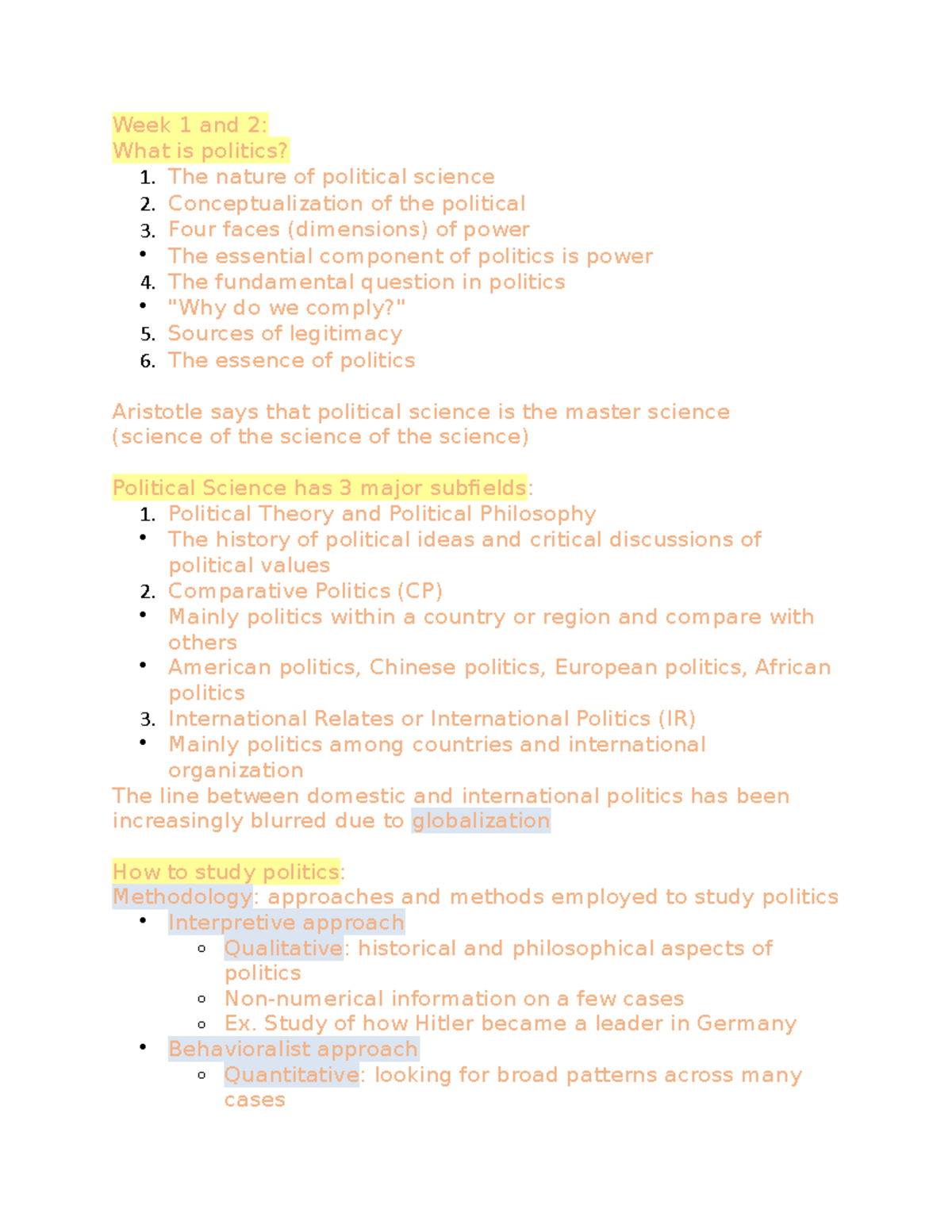 Weeks 1 and 2 with Prof Kim - Week 1 and 2: What is politics? 1. The ...