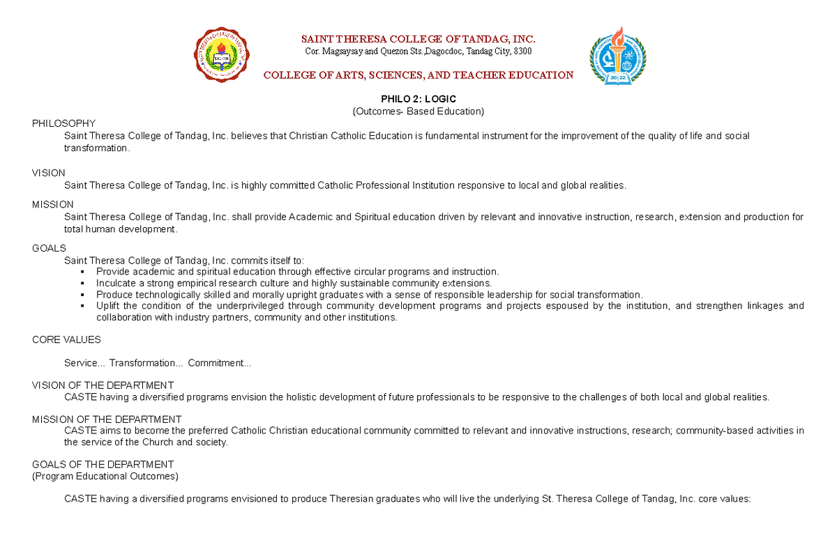 PH2-Logic - Syllabus - SAINT THERESA COLLEGE OF TANDAG, INC. Cor ...
