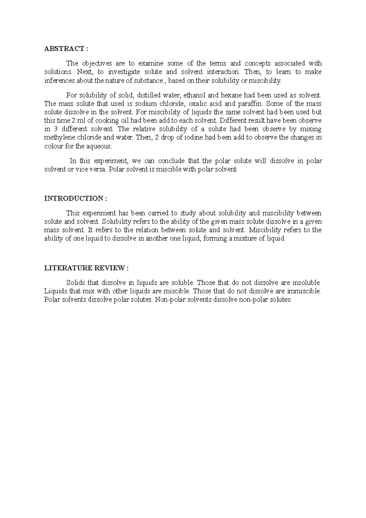 Concept OF Solubility AND Miscibility Lab Report ABSTRACT The