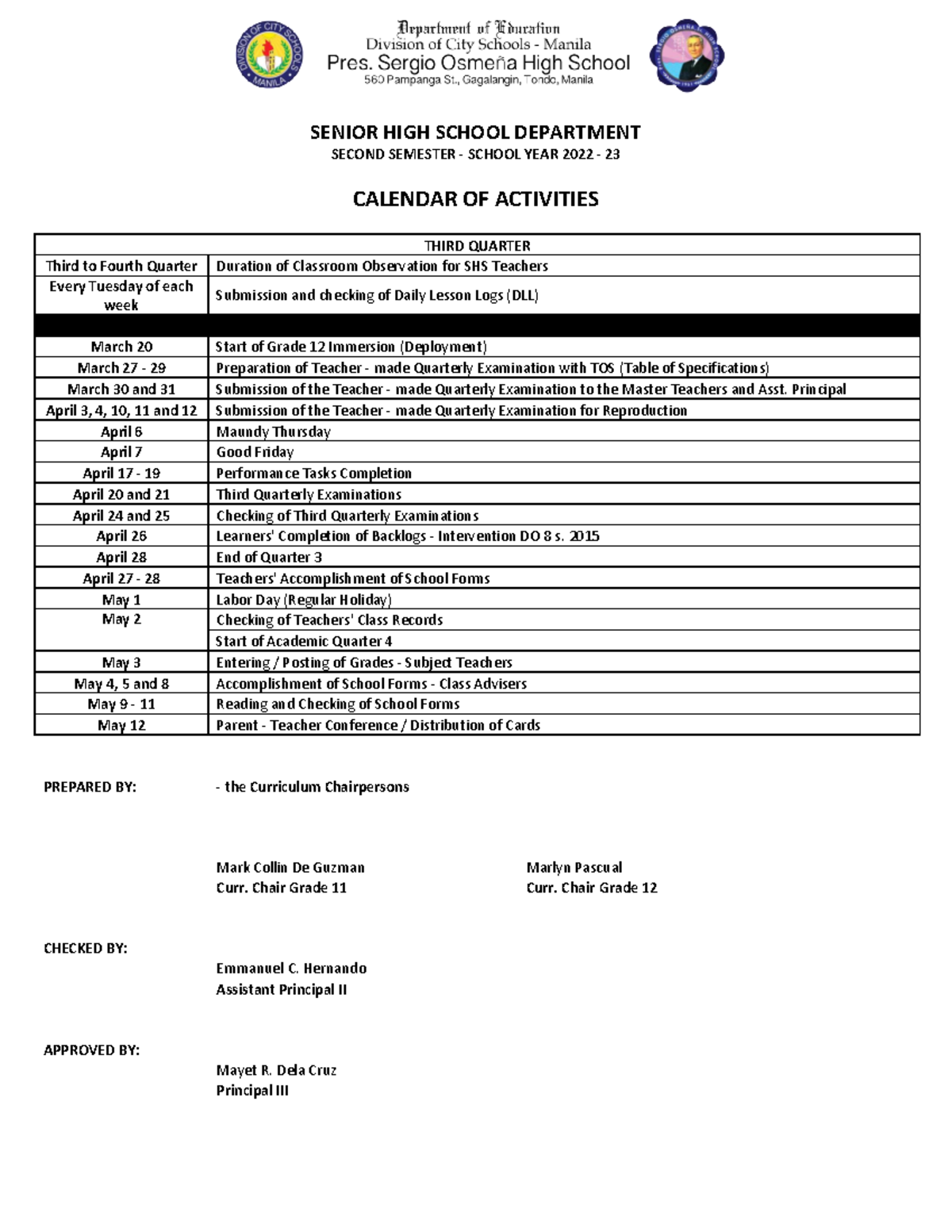 Third Quarter Calendar OF Activities SECOND SEMESTER SCHOOL YEAR