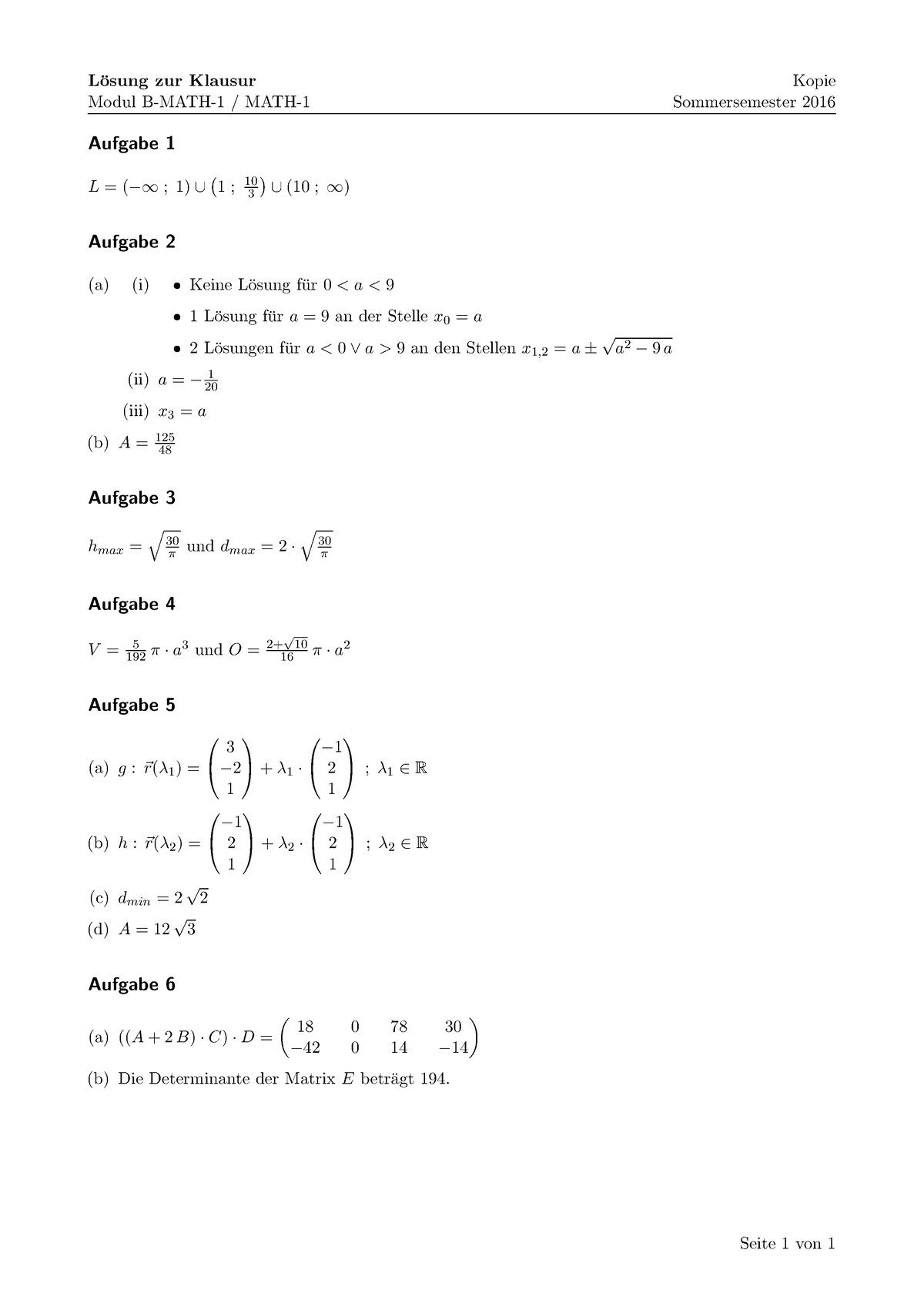 M1Kl Ss16 - Mathe 1 Klausur SS 16 Lösung - L ̈osung Zur Klausur Modul B ...