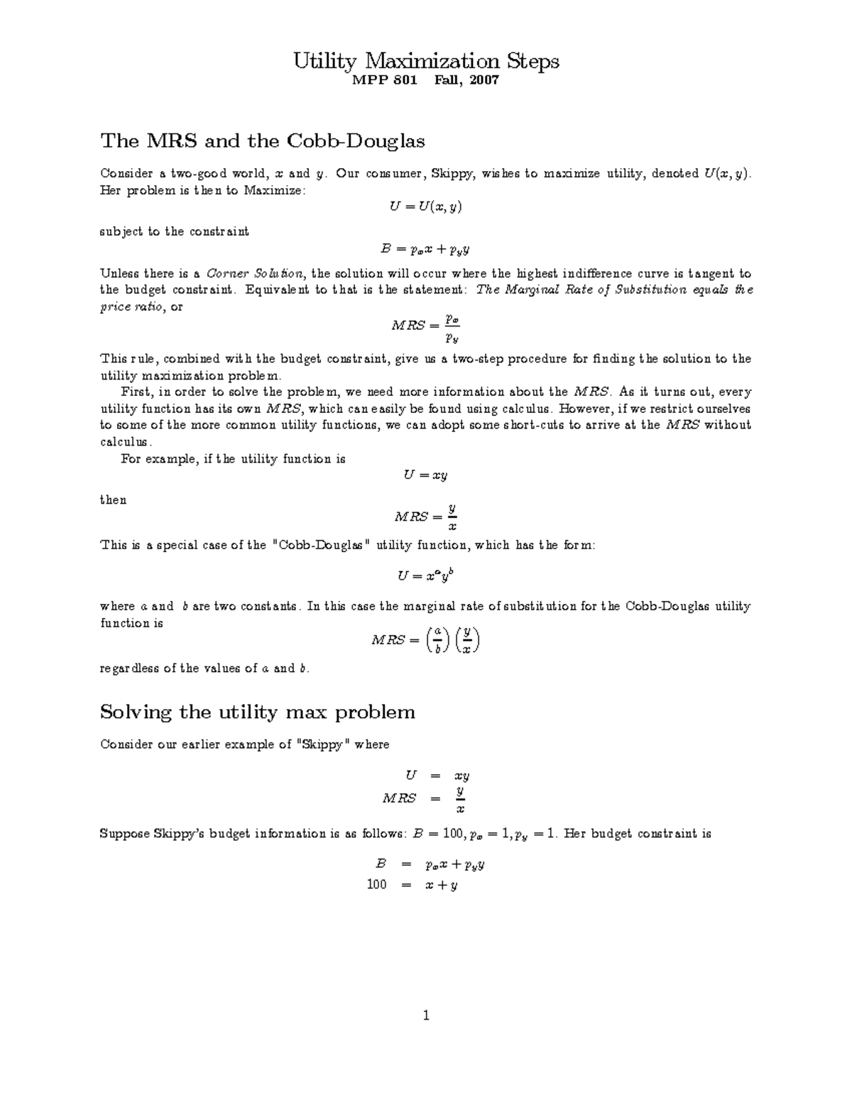 Utility Maximization Notes - Utility Maximization Steps MPP 801 Fall ...