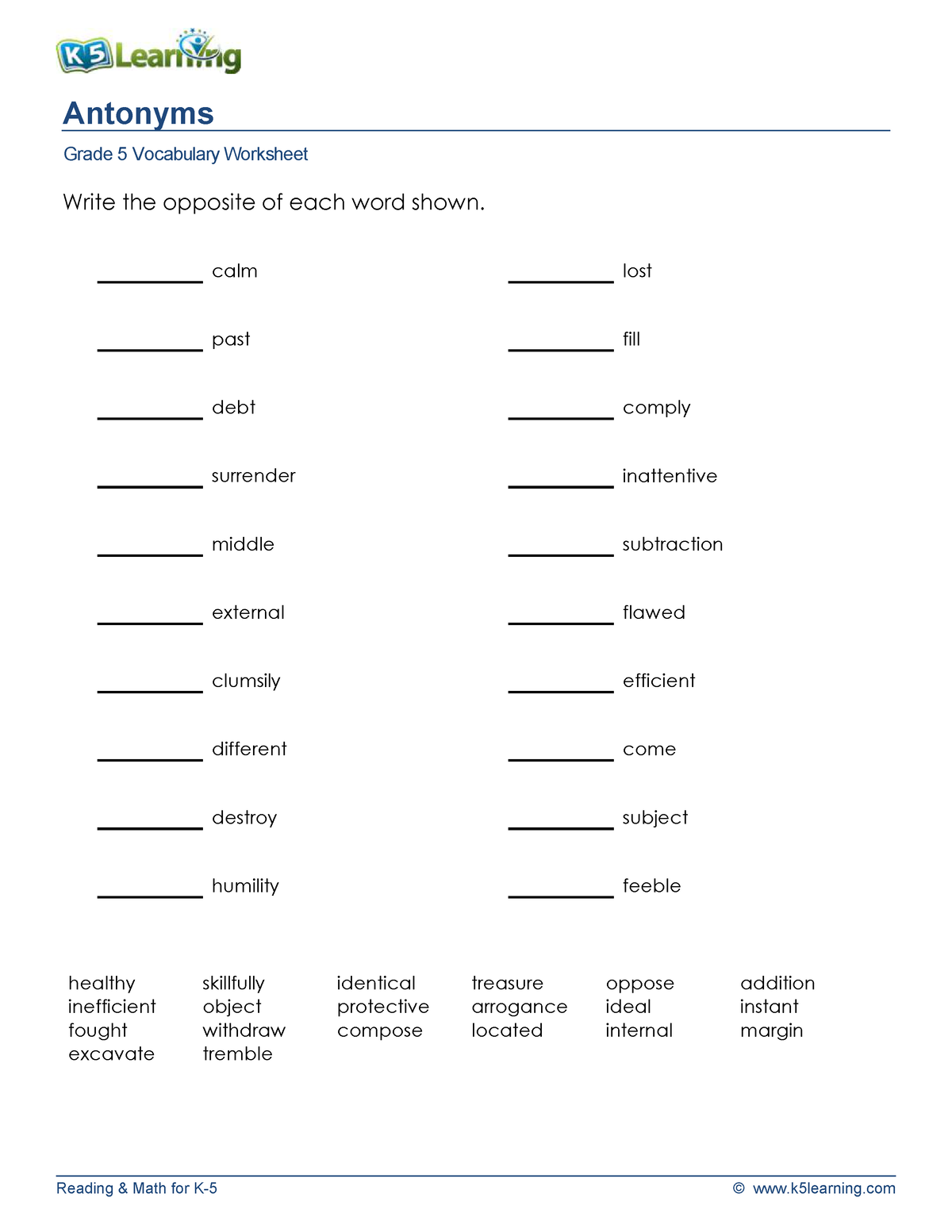 5th grade antonyms 1 - Reading & Math for K-5 © k5learning Antonyms ...