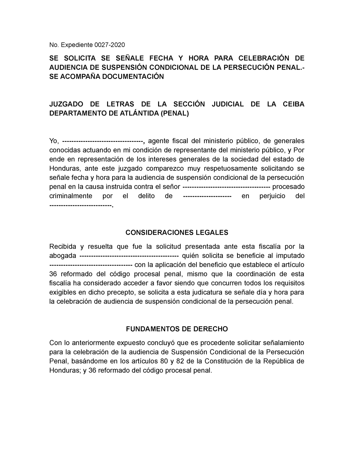 Escrito DE Solicitud DE Suspencion Condicional DE LA Persecucion Penal -  No. Expediente 0027- SE - Studocu