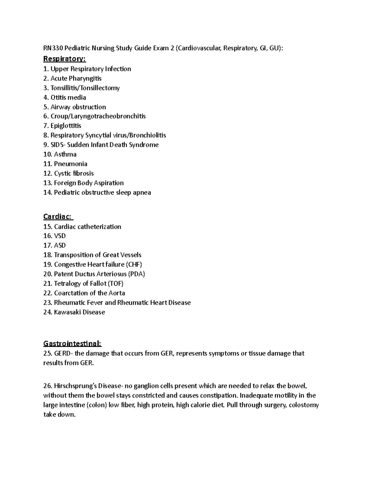RN330 Pediatric Nursing Study Guide Exam 2 - Hirschsprung’s Disease- no ...