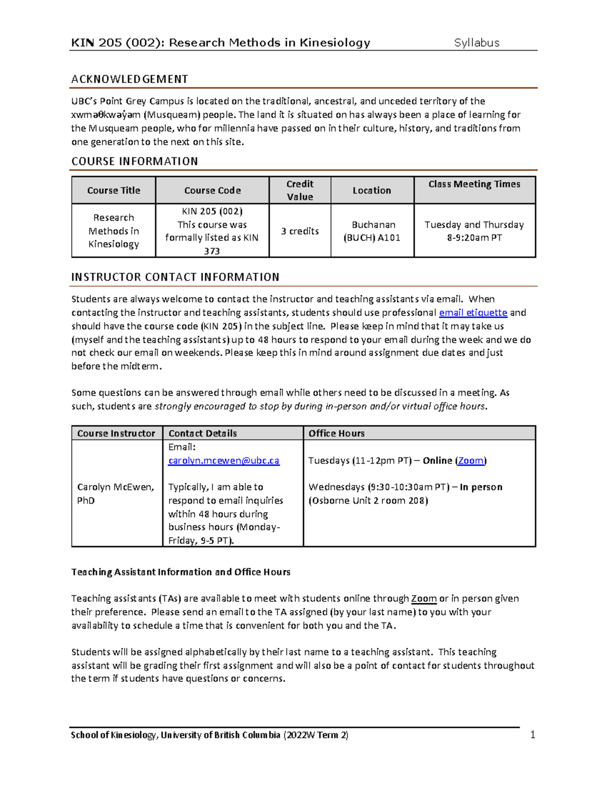 KIN 205 Course Outline - Syllabus - ACKNOWLEDGEMENT UBC’s Point Grey ...