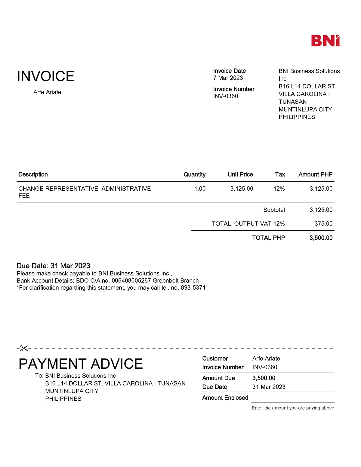 Invoice INV-0360 - sample disbursement - PAYMENT ADVICE To: BNI ...