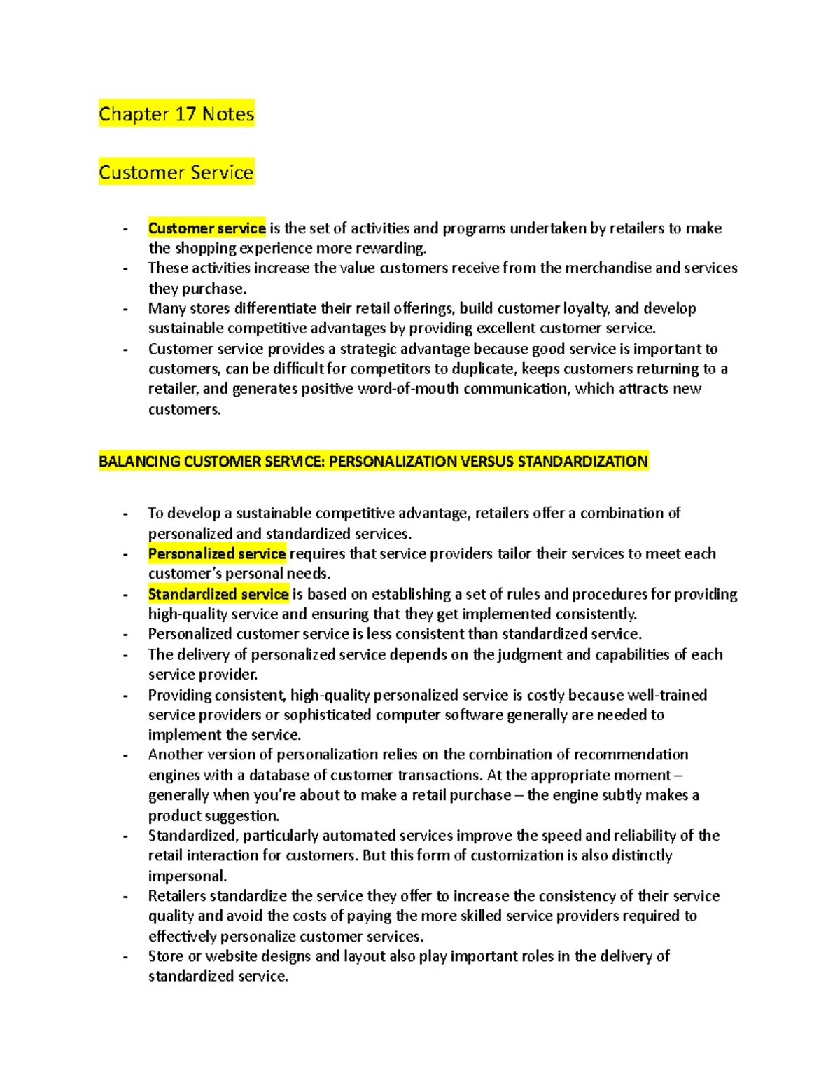 Chapter 17 Notes Chapter 17 Notes Customer Service Customer service