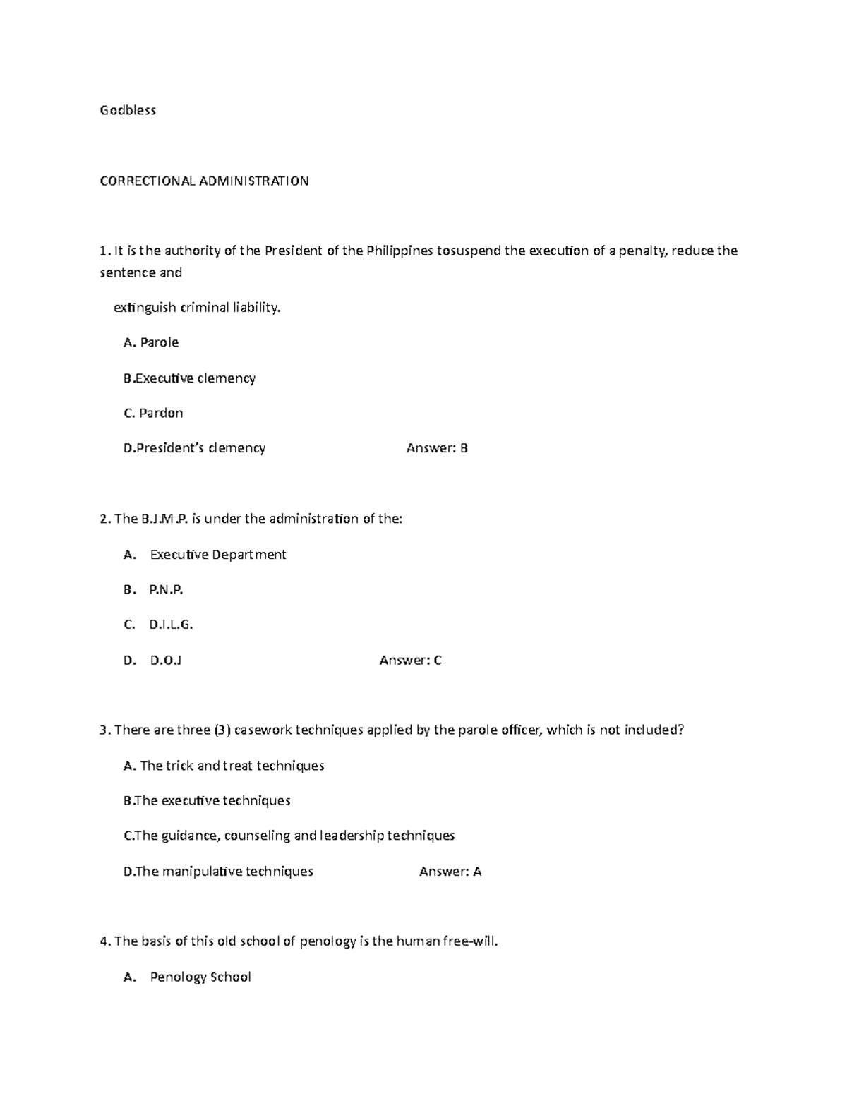 Answer KEY COAD2 - Godbless CORRECTIONAL ADMINISTRATION It is the ...