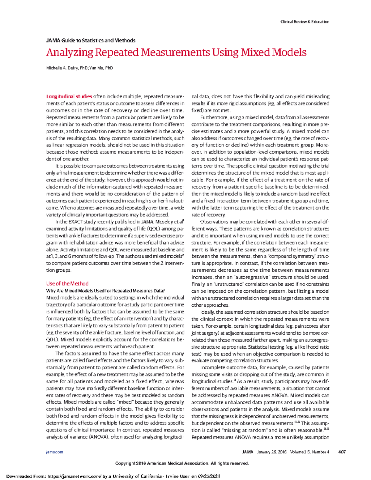 Analyzing Repeated Measurements Using Mixed Models - Copyright 2016 ...