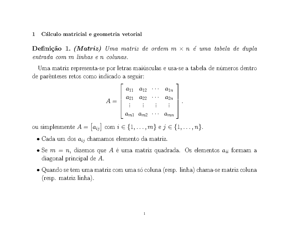 Slides 1 - 1 C ́alculo matricial e geometria vetorial Defini ̧c ̃ao 1 ...