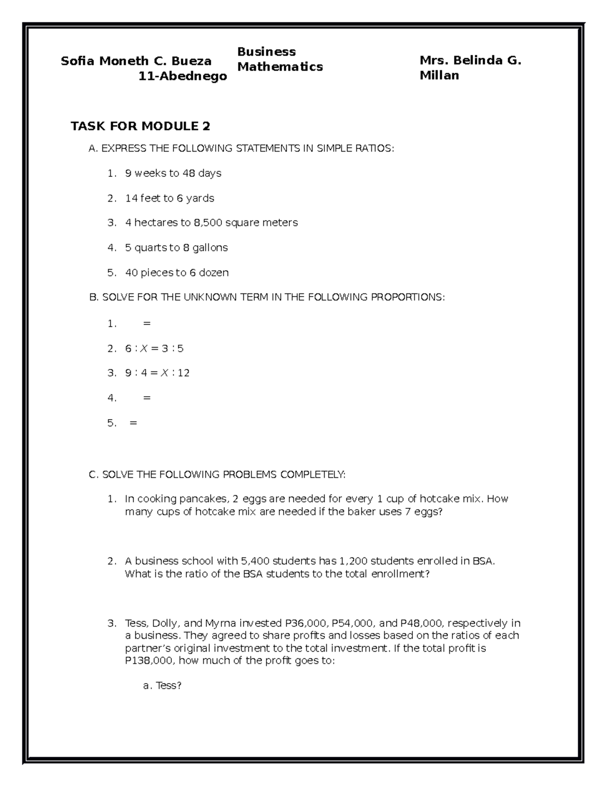 Module 2 - Business Mathematics - TASK FOR MODULE 2 A. EXPRESS THE ...