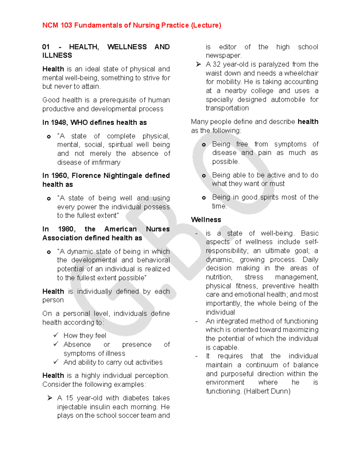 Funda Lec 1 3 - Summary Nursing - 01 - HEALTH, WELLNESS AND ILLNESS ...