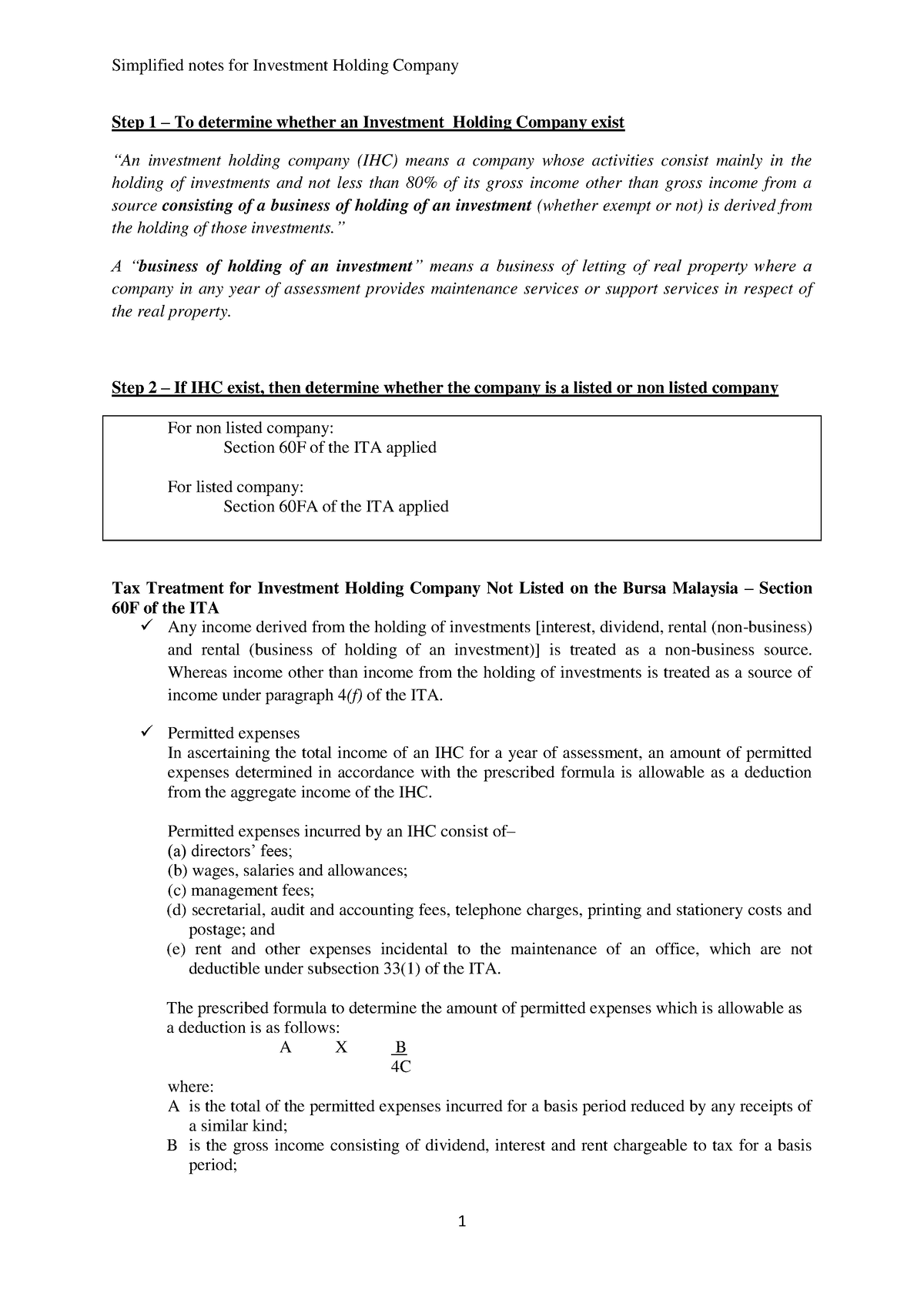 Lesson 3 (c) - Simplified note for Investment Holding Company ...