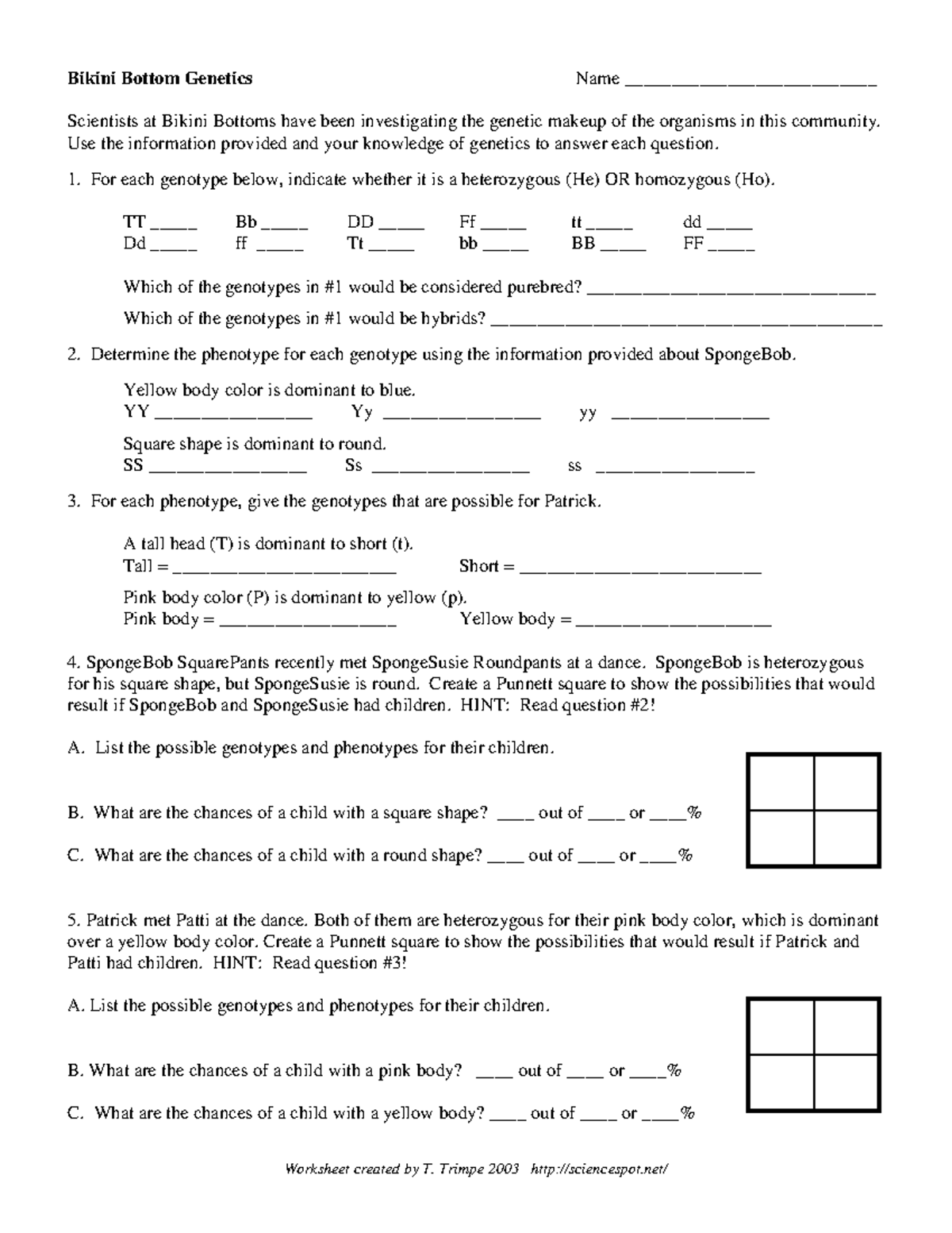 Gen spbobgenetics - TALLER - Worksheet created by T. Trimpe 2003  sciencespot/ Bikini Bottom Genetics - Studocu