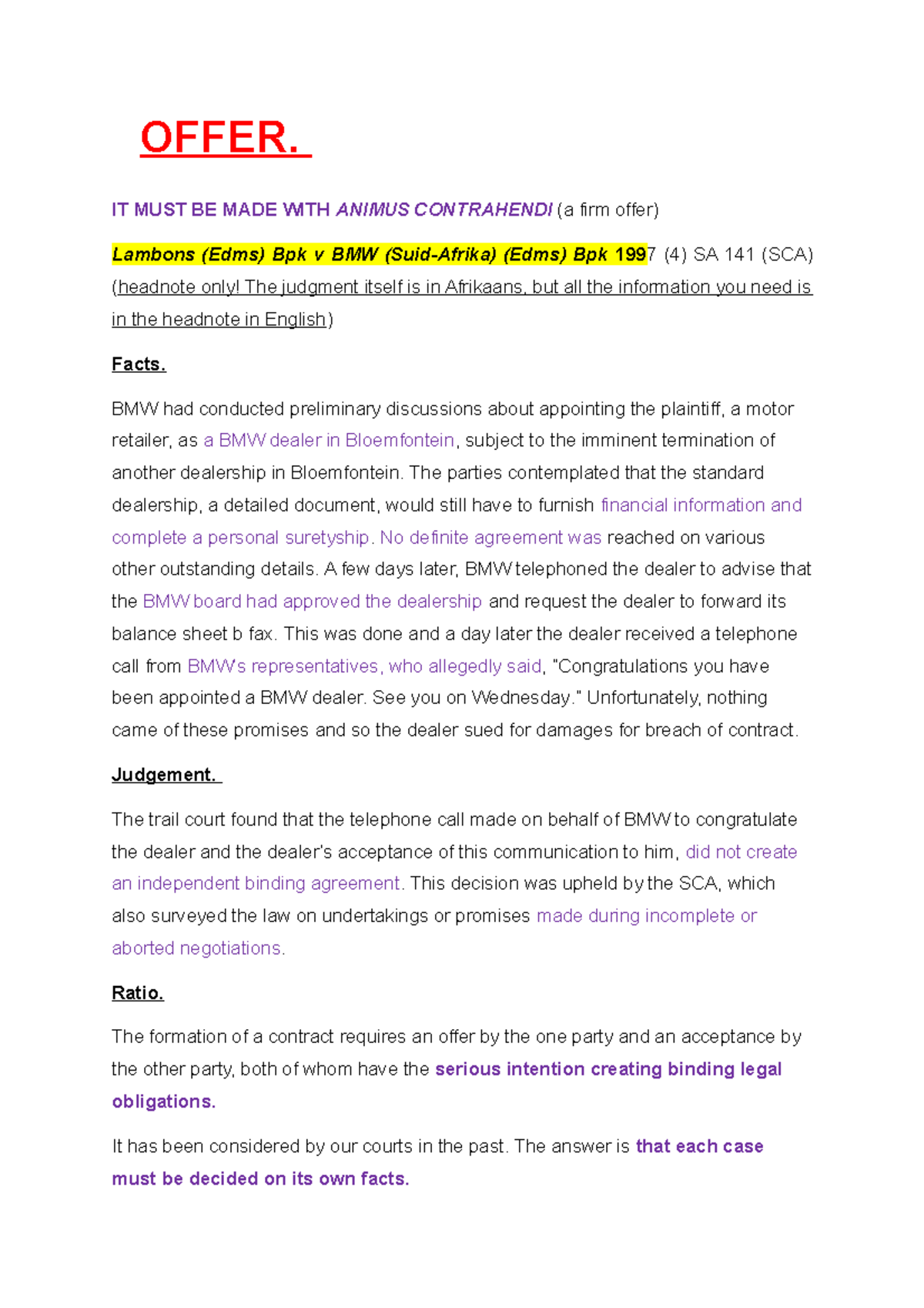 Law ofcontract A case laws[ 8742] OFFER. IT MUST BE MADE WITH ANIMUS