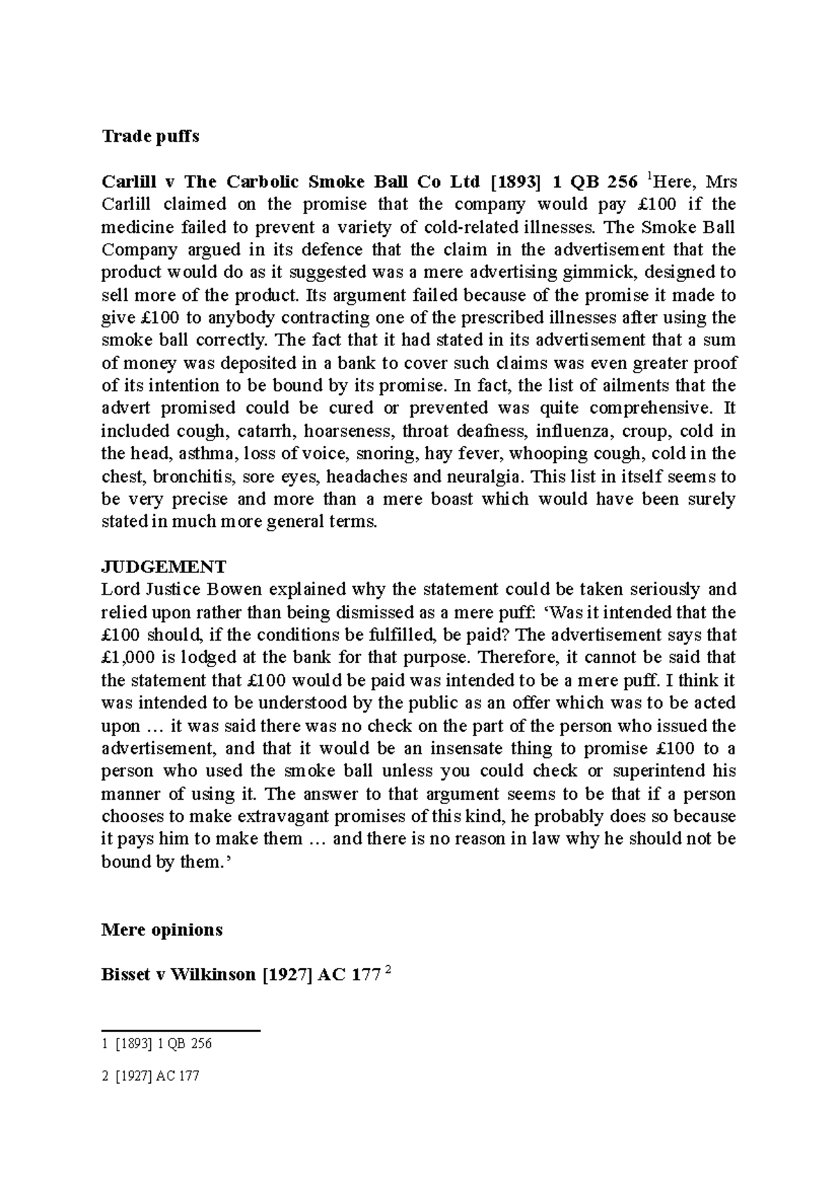 Representation case law Trade puffs Carlill v The Carbolic Smoke Ball