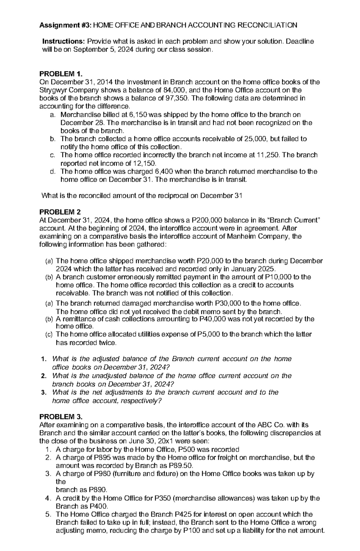 Home+Office+and+Branch+Accounting+ Assignment 3 HOME OFFICE AND