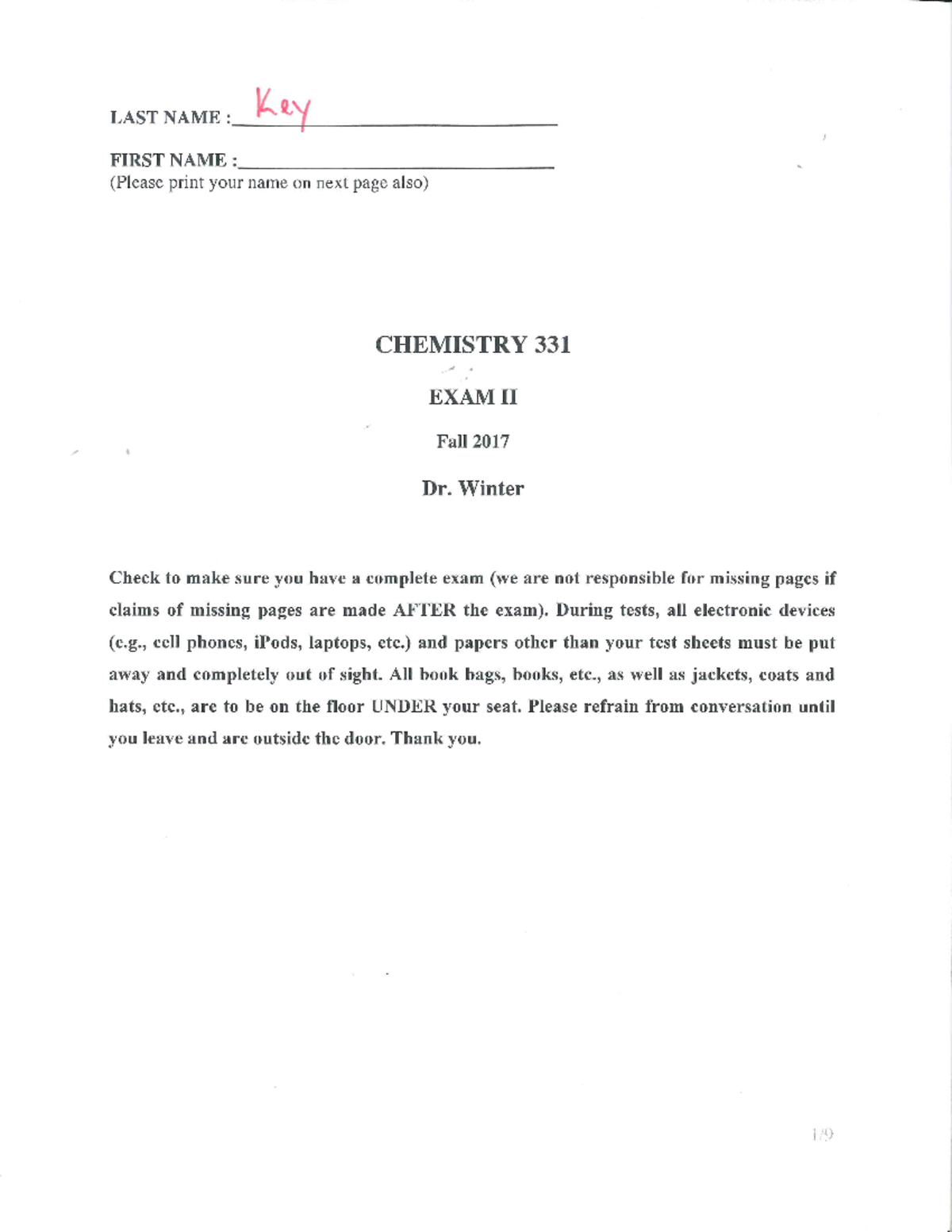 Chem 331 Exam 2 Fall 2017 Key - LAST NAME : Kl t FIRST NAME : (Please ...