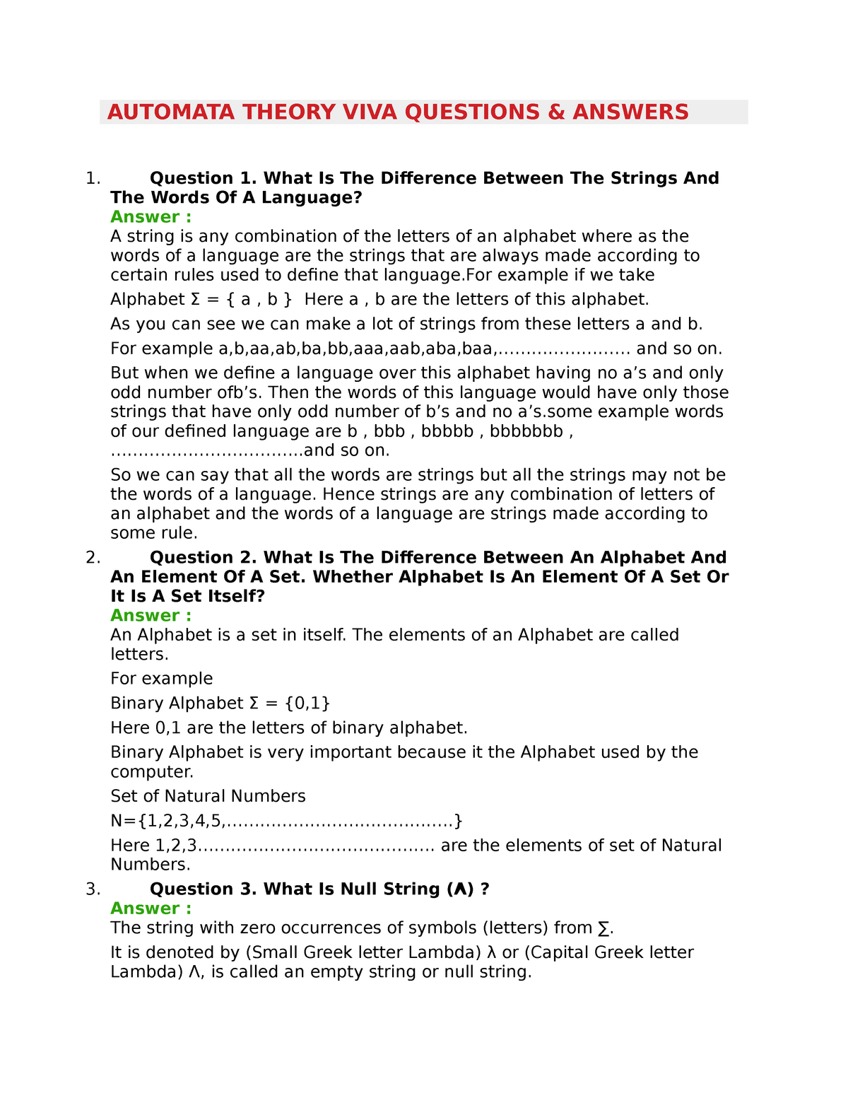 Automata assignment - AUTOMATA THEORY VIVA QUESTIONS & ANSWERS 1 Sns-Brigh10