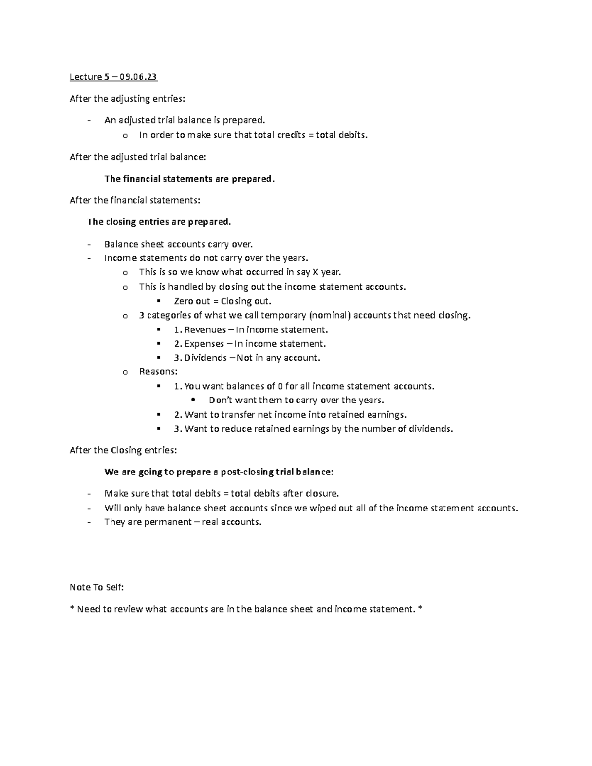 Lecture 5 - 09 - Notes - Lecture 5 – 09. After the adjusting entries ...