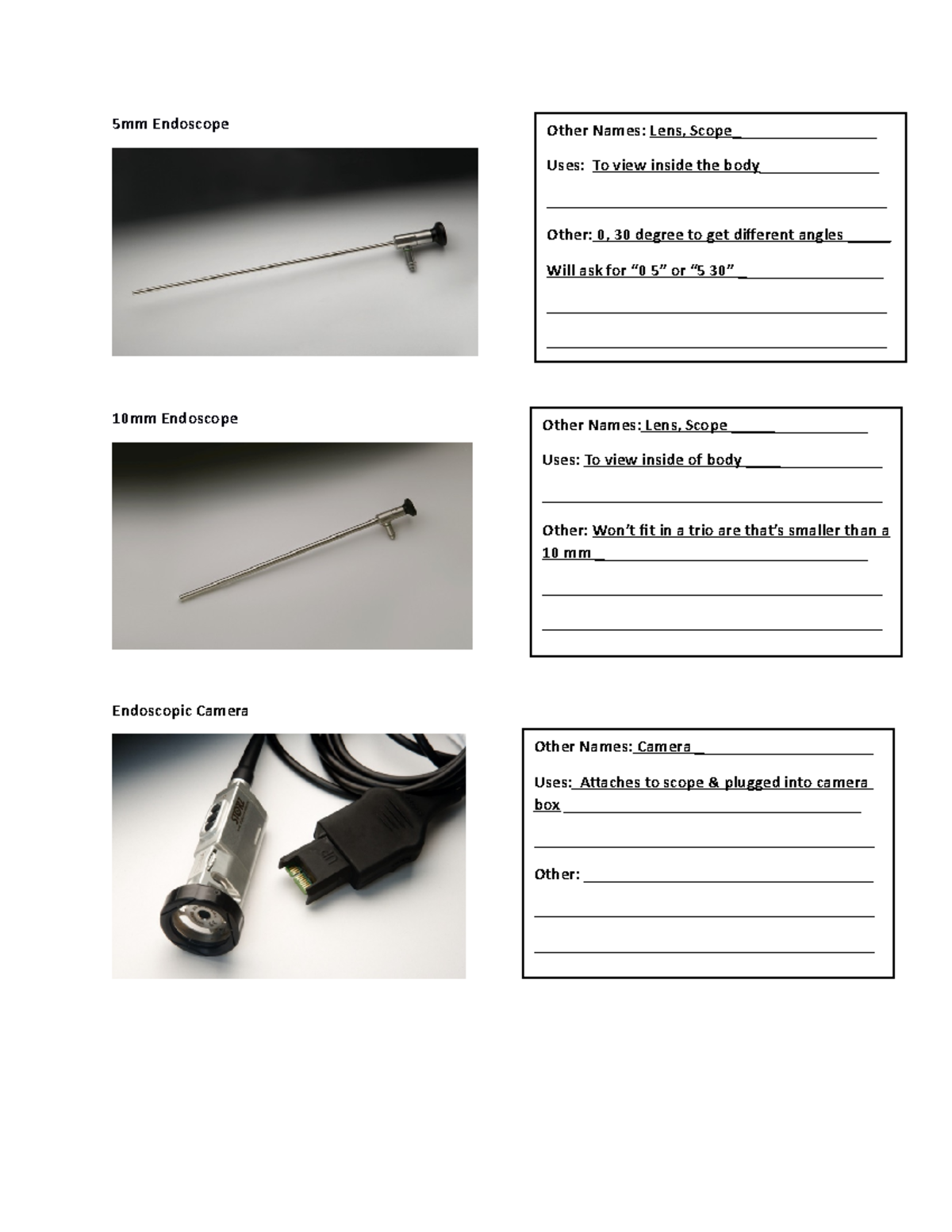 Endoscopic Instruments Notes 5mm Endoscope 10mm Endoscope Endoscopic