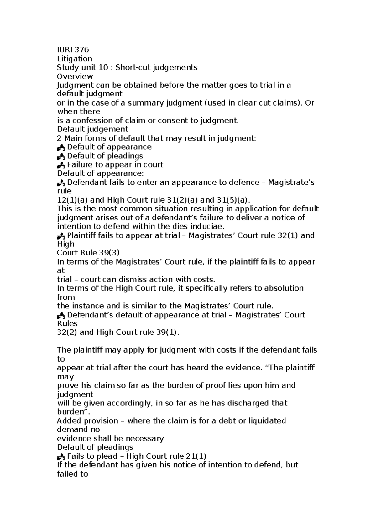 IURI 376 personal notes - IURI 376 Litigation Study unit 10 : Short-cut ...