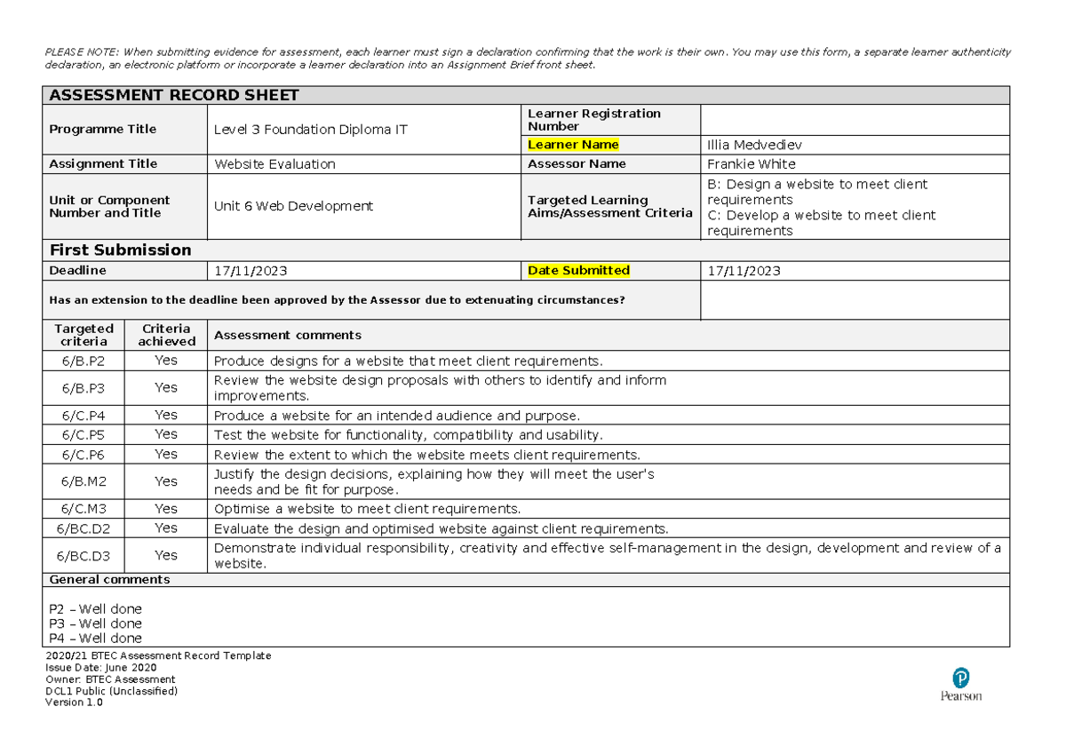 BTEC Assessment Record Unit 6 A2 - Declaration, An Electronic Platform ...