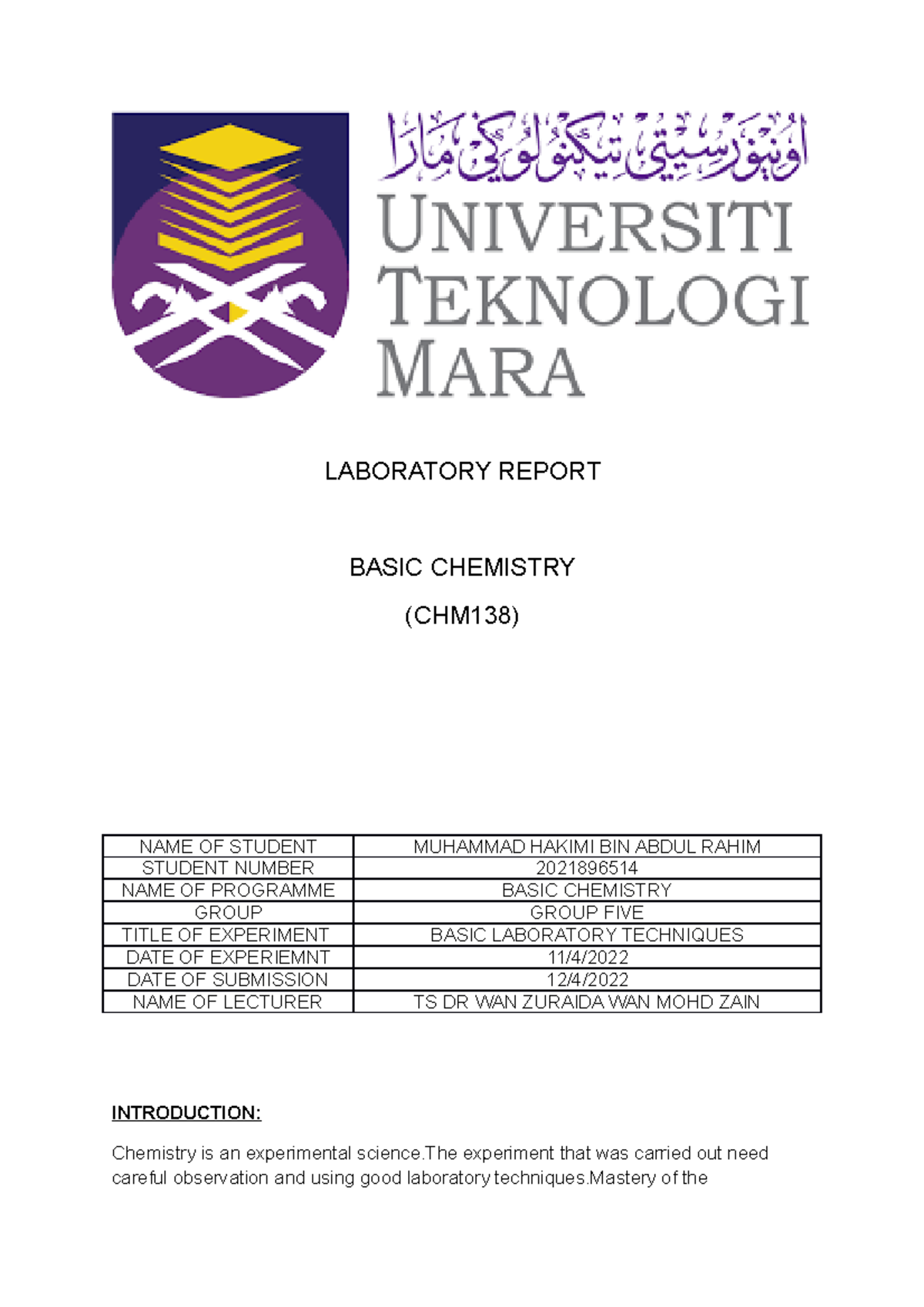 Laboratory Report(chm138) - LABORATORY REPORT BASIC CHEMISTRY (CHM138 ...