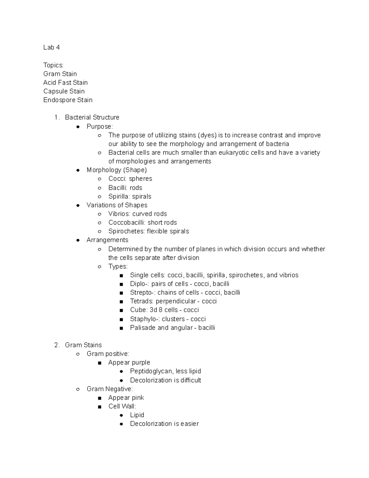 Lab 4 Lab 4 Lab 4 Topics Gram Stain Acid Fast Stain Capsule Stain
