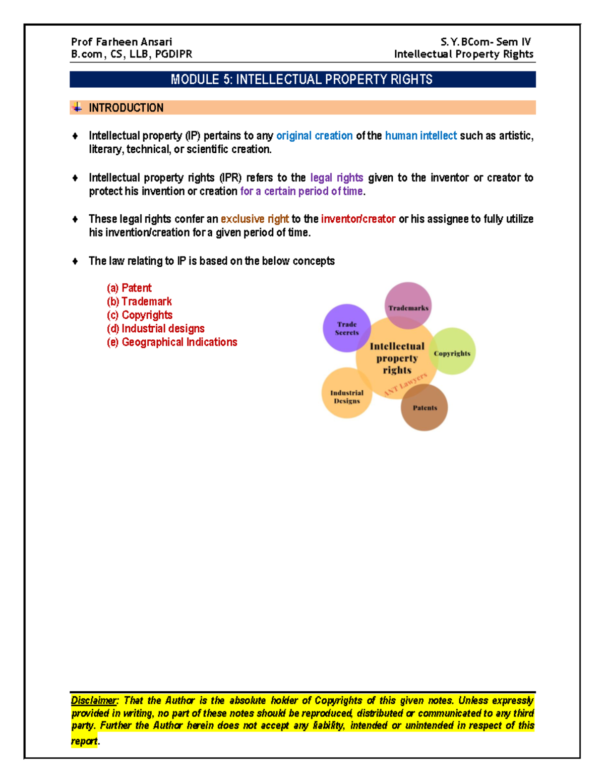 Sybcom SEM IV Module 5 Intellectual Property Rights - B, CS, LLB ...