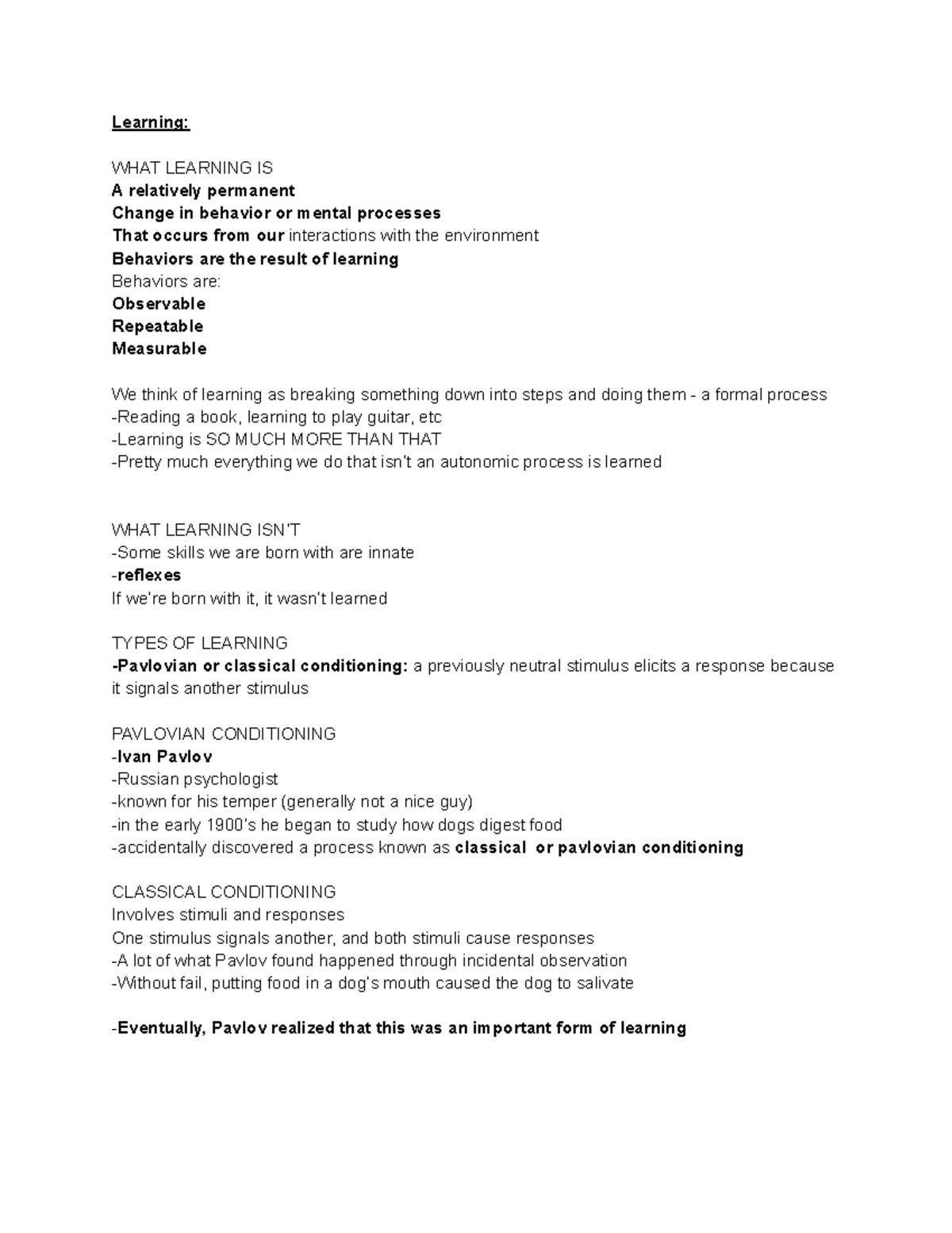 Psych Notes Exam 3 - Seth Hall. - Learning: WHAT LEARNING IS A ...