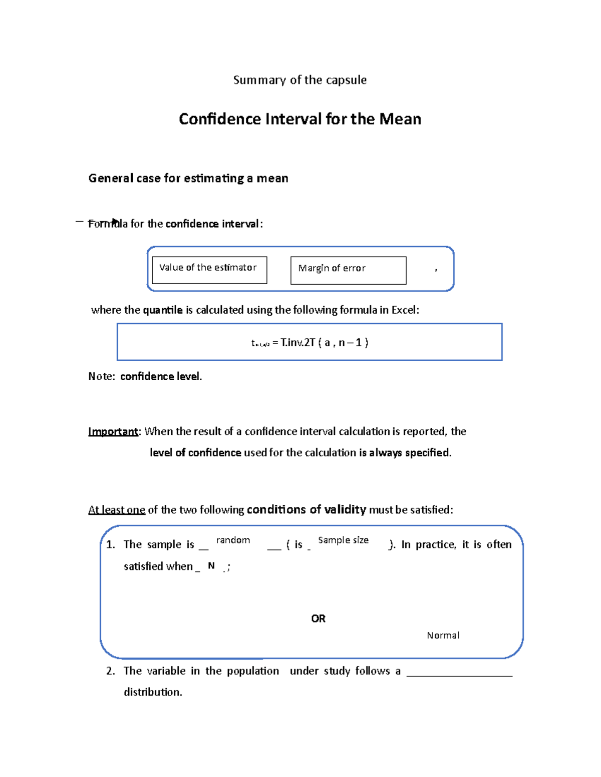 Confidence Interval for the Mean - Summary of the capsule Confidence ...