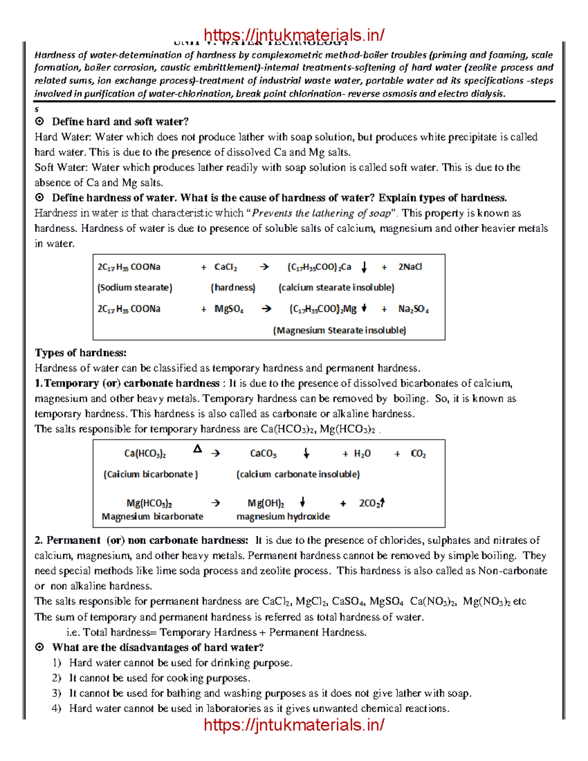 Engineering Chemistry-5 - Unit V: Water Technology Hardness Of Water 