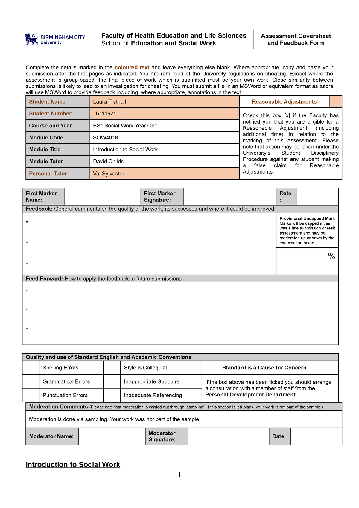 Introduction to Social Work - Faculty of Health Education and Life ...