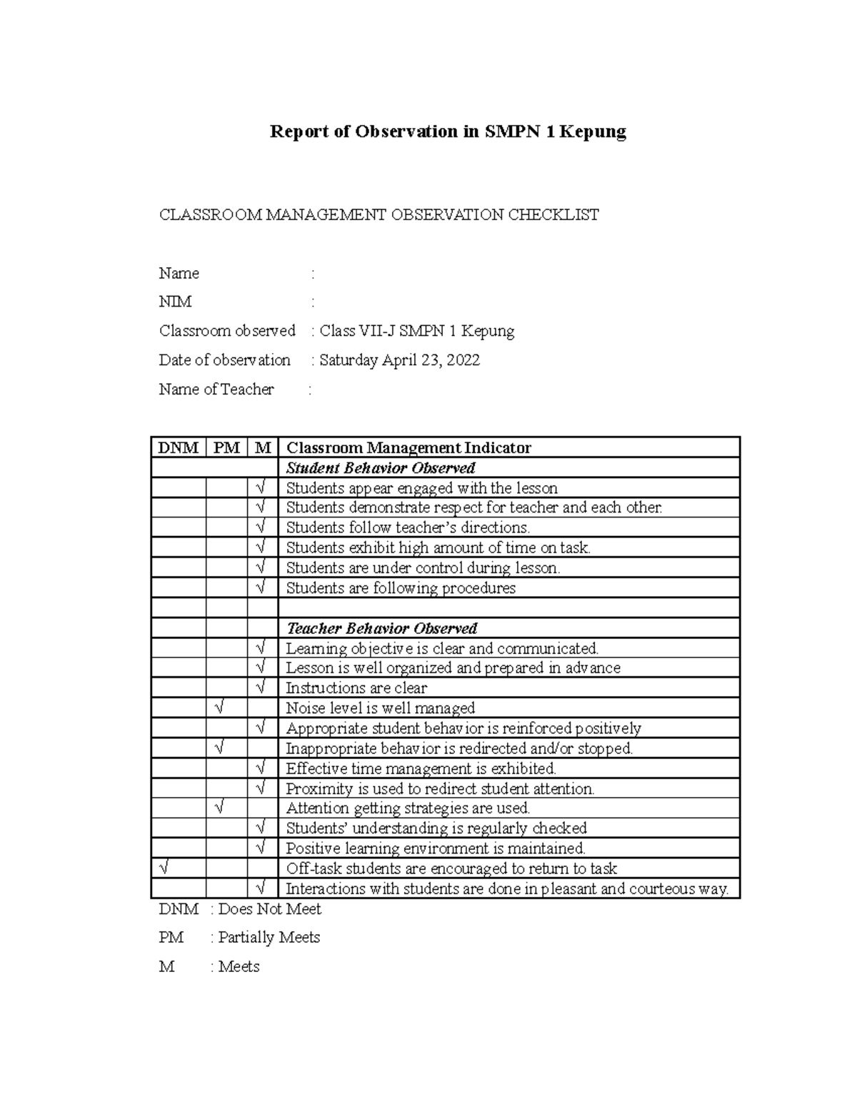 Example of Class Observation Report 1 Report of Observation in SMPN 1
