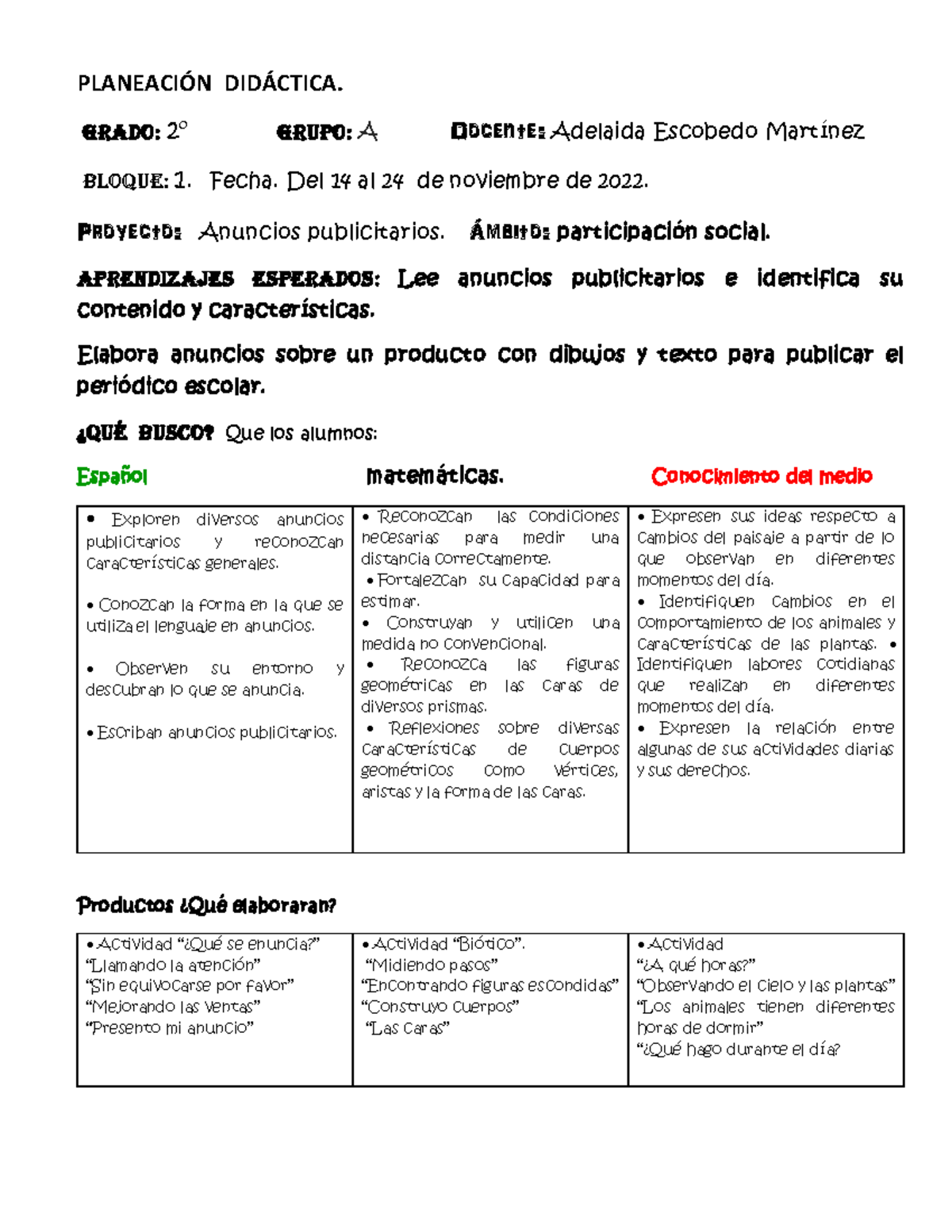 Planeacion 2°. grado de primaria. - PLANEACIÓN DIDÁCTICA. Grado: 2 ...