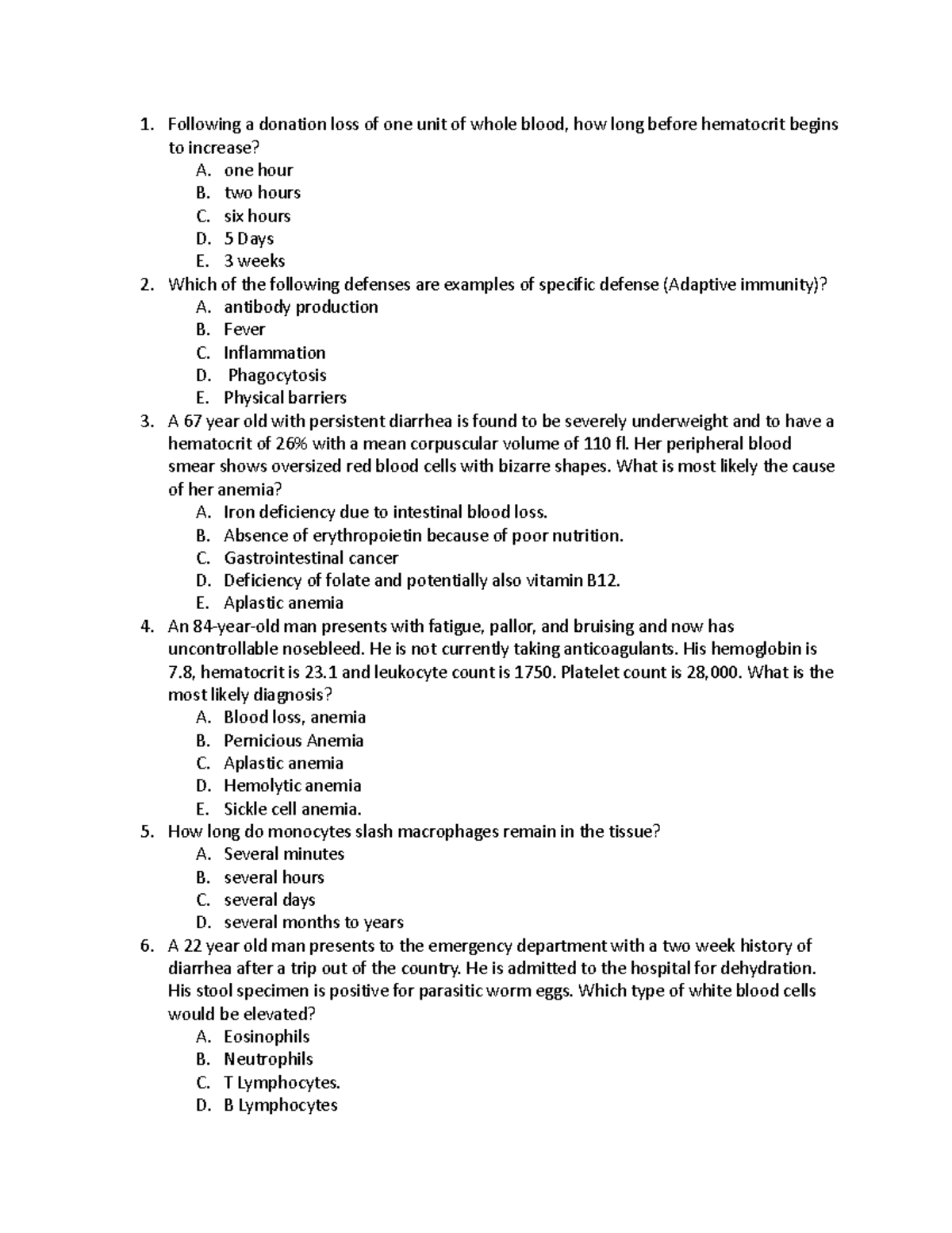 Heme Exam Questions - Following a donation loss of one unit of whole ...