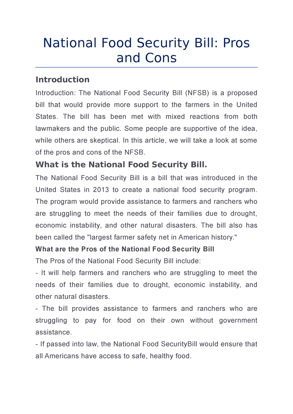 essay on national food security bill