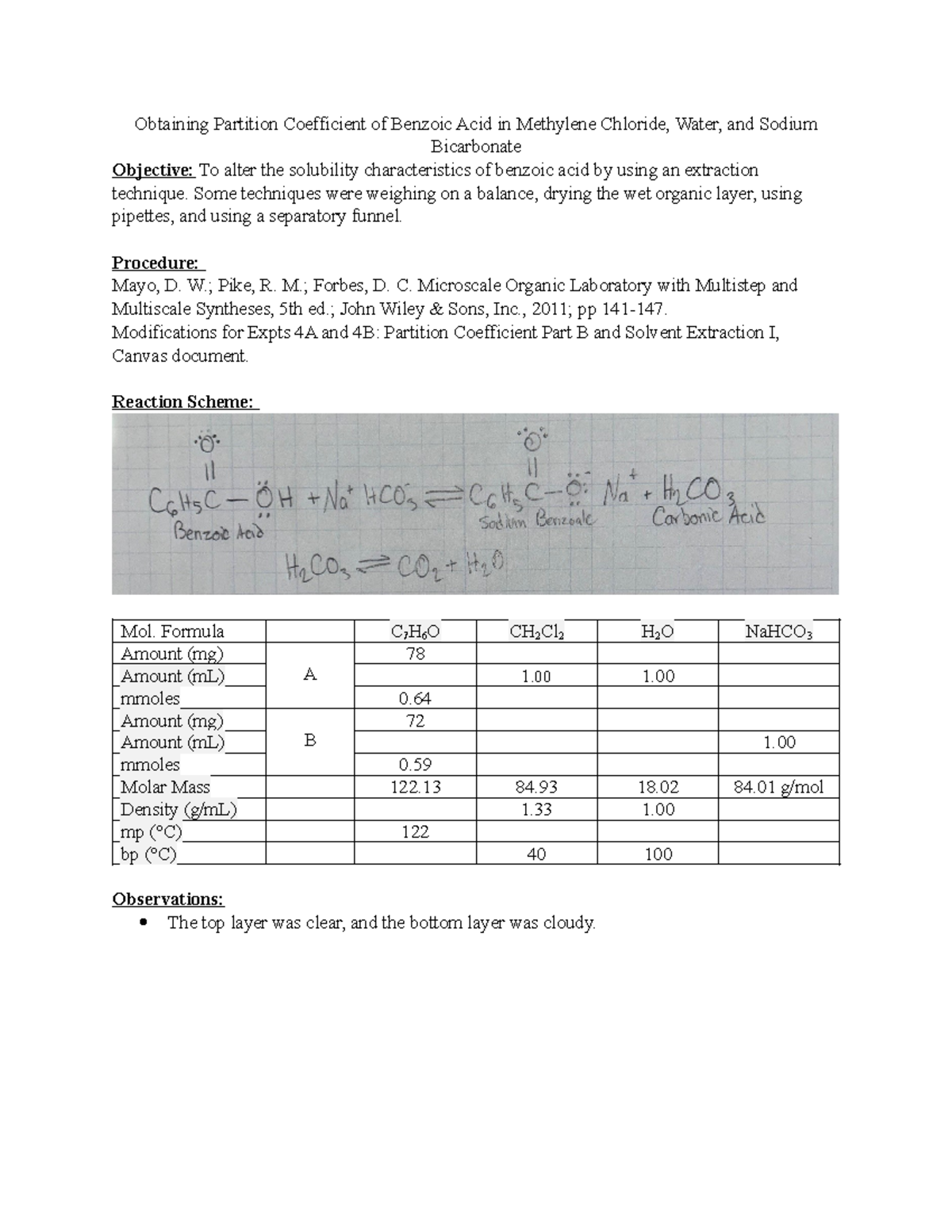 Lab 2 Report Obtaining Partition Coefficient of Benzoic Acid in Methylene Chloride, Water, and